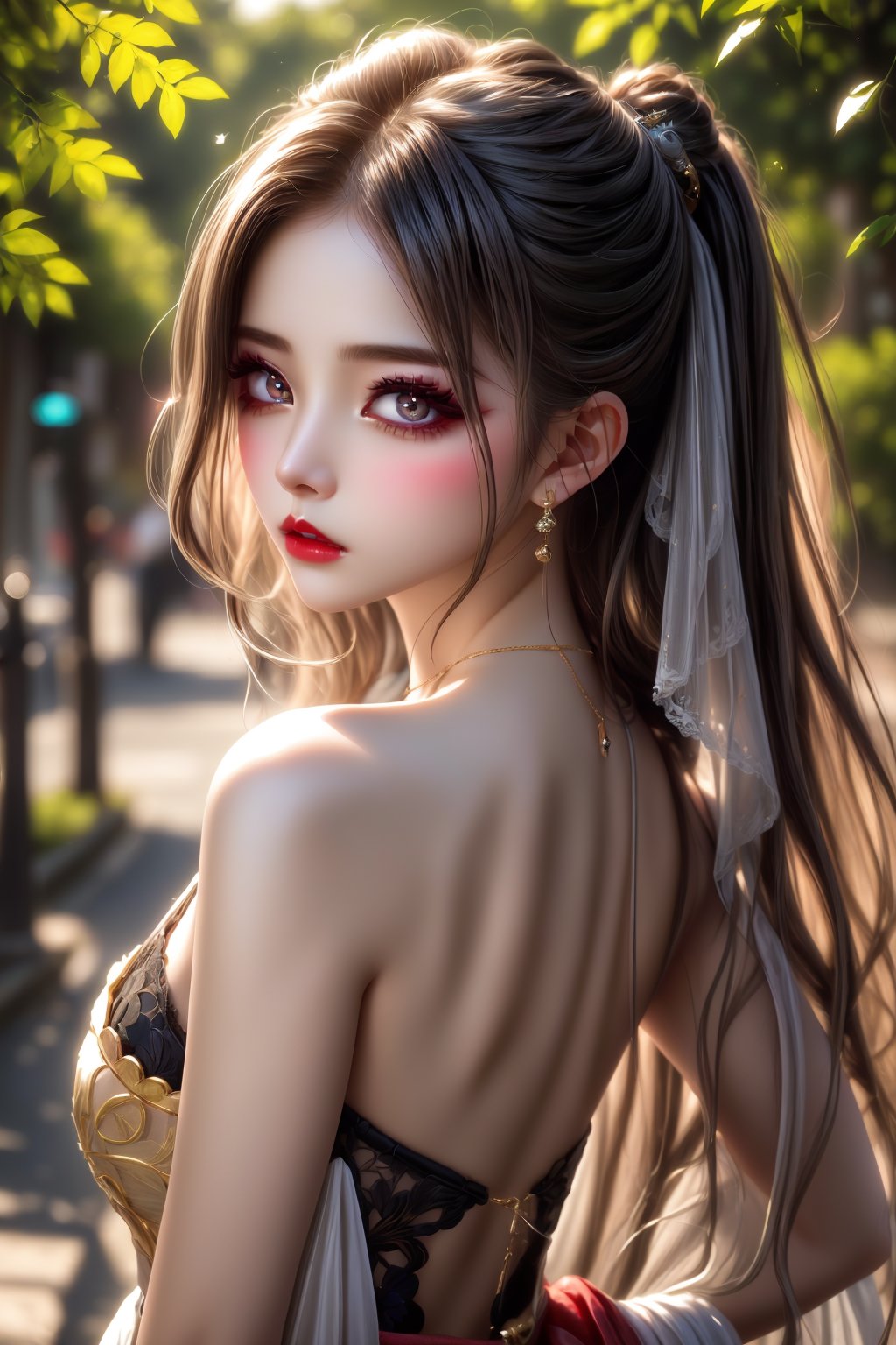 A stunning Onmyoji, Kyuubi's nine tails flowing like chiffon clothes down her back as she stands on a vibrant street bathed in warm sunlight. Her gold and lace entwined hair resembles a delicate crystal and silver necklace. A subtle upturn to her lips is accentuated by bold dark red lipstick. Her eyes, breathtakingly beautiful and detailed, seem to hold a thousand secrets. The extremely delicate and dainty face is a masterpiece of perfect anatomy, with ultra-fine skin and fair complexion. Four fingers and one thumb on each hand add to the photorealistic effect. This incredible digital artwork is a true work of art, with big, realistic eyes that seem to gaze right through you.