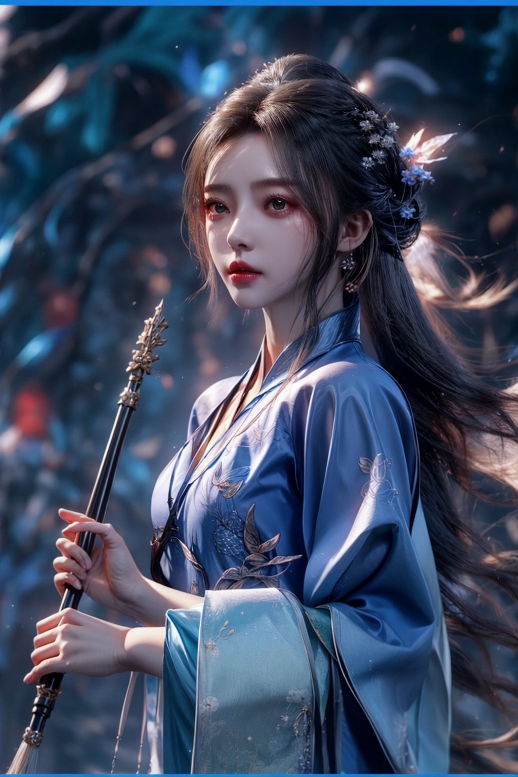 muelsyse (Arknights), 1girl, solo, slightly upturned lips, lipgloss, beautiful delicate eyes, hanfu, hanfu, splash background, holding sword, best quality, amazing quality, very aesthetic, ridiculous,girl, chinese clothes ,yumi,1 girl,dresses