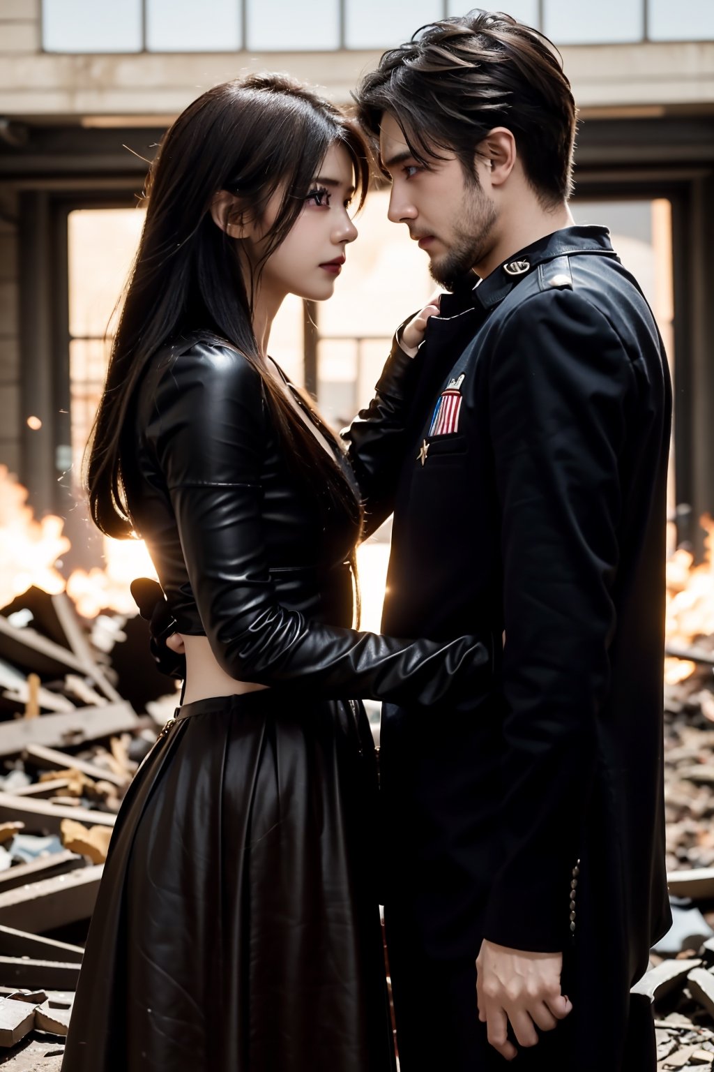 A couple of superhero bearded and woman looking each other in love between a battle scene, marvel like, standing at the ruined city, depth of field, cinematic