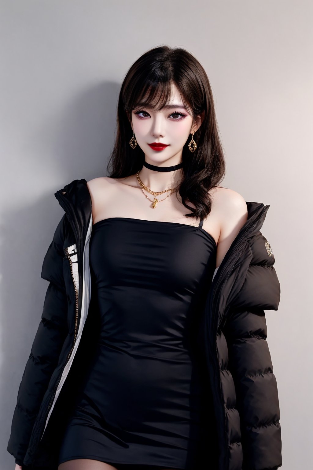 In a softly lit winter wonderland scene, a stunning Korean girl, Woman 1, stands out against the snowy backdrop. Her dreamy gaze, framed by luscious black hair with subtle bangs, is accentuated by big, bright smile and slightly upturned lips, painted with dark red lipstick. Her pale skin and delicate facial features are rendered in ultra-fine detail, showcasing perfect anatomy. A beautiful necklace and small earrings adorn her neck, while a handbag and winter down parka add a touch of elegance to her outfit. The overall effect is one of extreme delicacy, beauty, and realism, as if captured from an 8K art photo.,uniform11