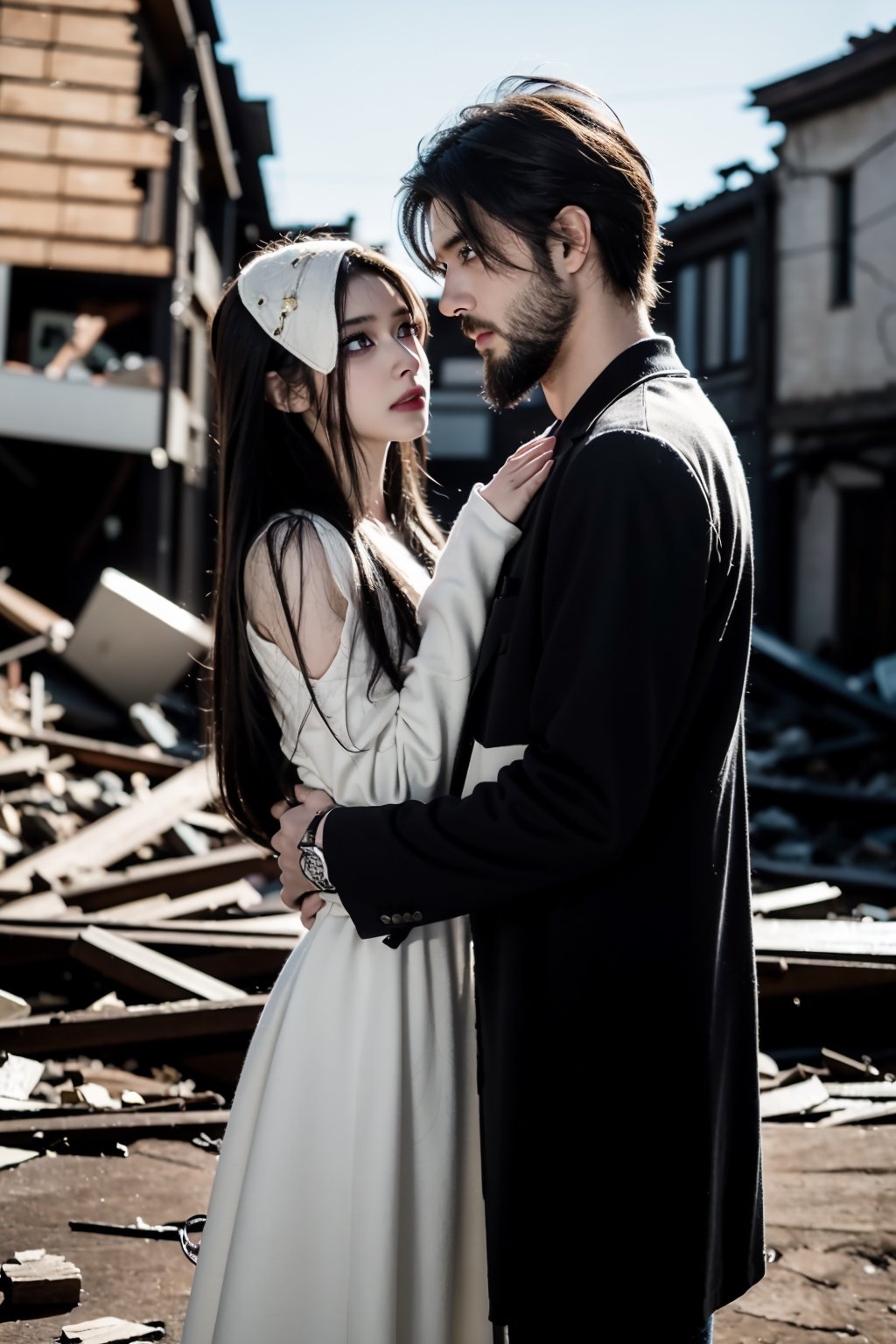 A couple of superhero bearded and woman looking each other in love between a battle scene, marvel like, standing at the ruined city, depth of field, cinematic