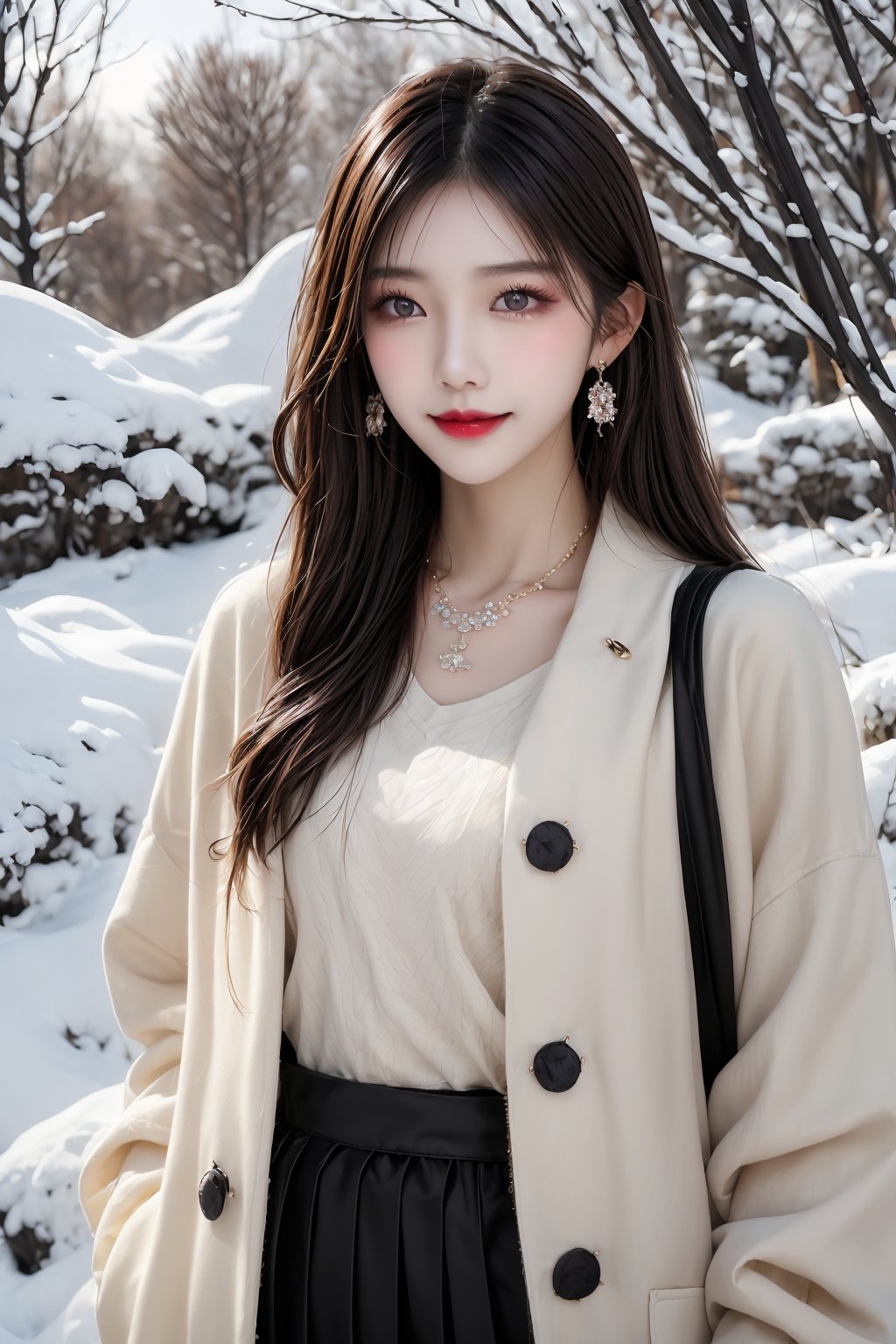 In a softly lit winter wonderland scene, a stunning Korean girl, Woman 1, stands out against the snowy backdrop. Her dreamy gaze, framed by luscious black hair with subtle bangs, is accentuated by big, bright smile and slightly upturned lips, painted with dark red lipstick. Her pale skin and delicate facial features are rendered in ultra-fine detail, showcasing perfect anatomy. A beautiful necklace and small earrings adorn her neck, while a handbag and winter down parka add a touch of elegance to her outfit. The overall effect is one of extreme delicacy, beauty, and realism, as if captured from an 8K art photo.,uniform11,Beautiful Asian girls ,girl