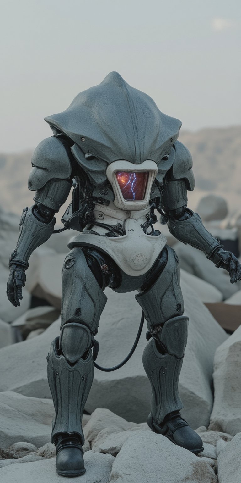 full body, gray fish and shellfish robot with white accent, lightning sparks eye glow, bulky metallic mechanical parts, open cockpit on chest, ruins background, hyper-realistic, masterpiece, best quality, 8k ultra HD