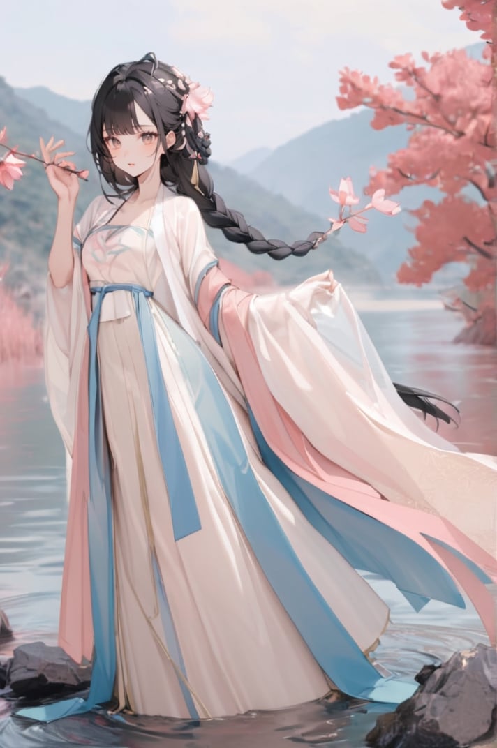 1 Chinese woman, 30 yo,with long black hair (braid), a pink lily in her hair, wearing a blue flat mouth, white translucent Hanfu, holding a branch with red peach blossoms in her hand, posing like a battle, the background is on the bank of the river in the south of the Yangtze River，4k, elegant, no expression