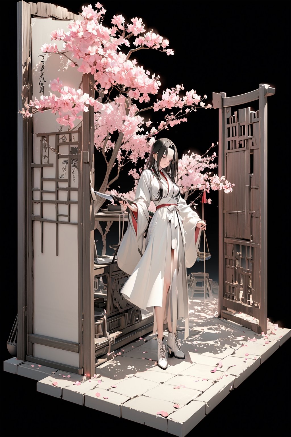 8k, high quality, masterpiece: 1.3), miniature model, white background, 3D isometric style, center, solo, full body,

1 Chinese woman, 26 years old, long black hair, with pink petals on her forehead, wearing a red and white Chinese robe, white plush at the neckline, wearing white leather boots, holding an iron-gray ancient long-handled weapon connecting two sharp knives, and the background is the gate of the ancient Chinese camp.
