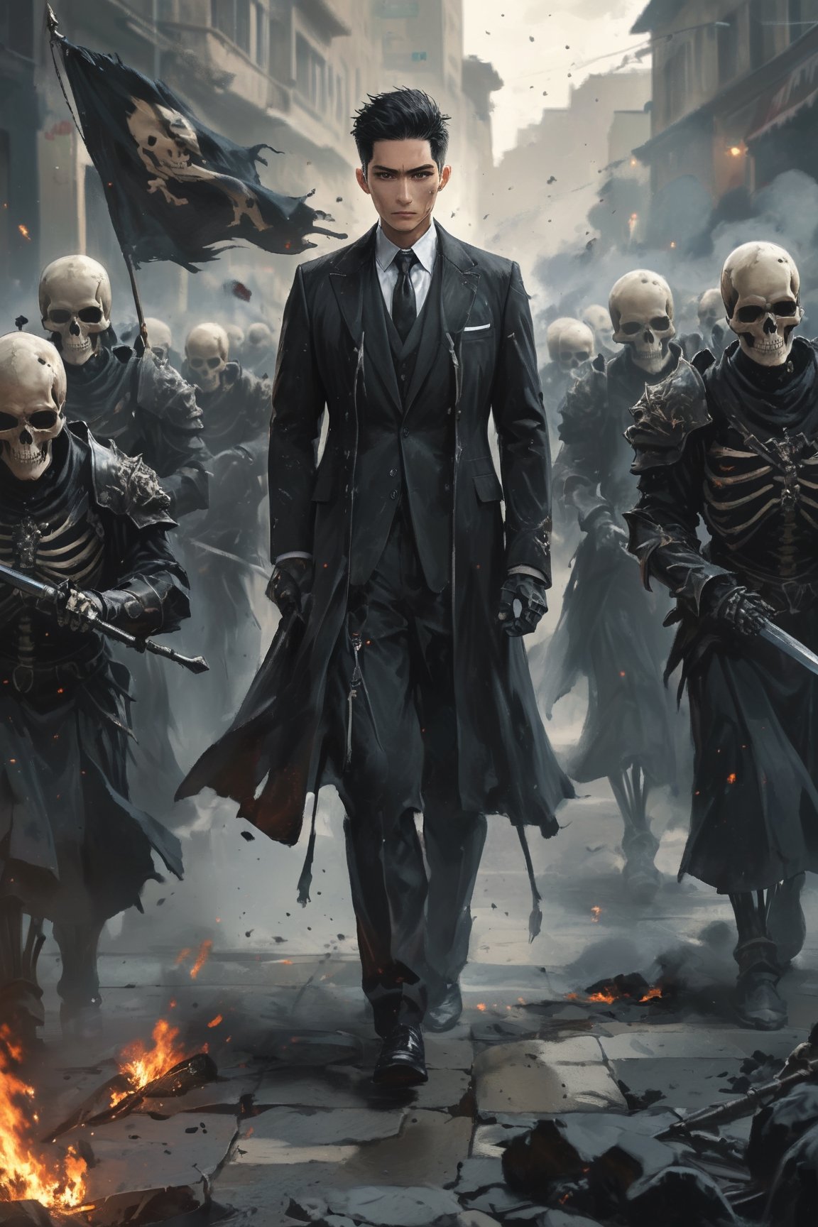 (master piece),(4k),(great artist),1 Taiwanese man with short black hair, 30yo, wearing a black suit and a white shirt, leading a group of skeleton knights to look at the camera indifferently