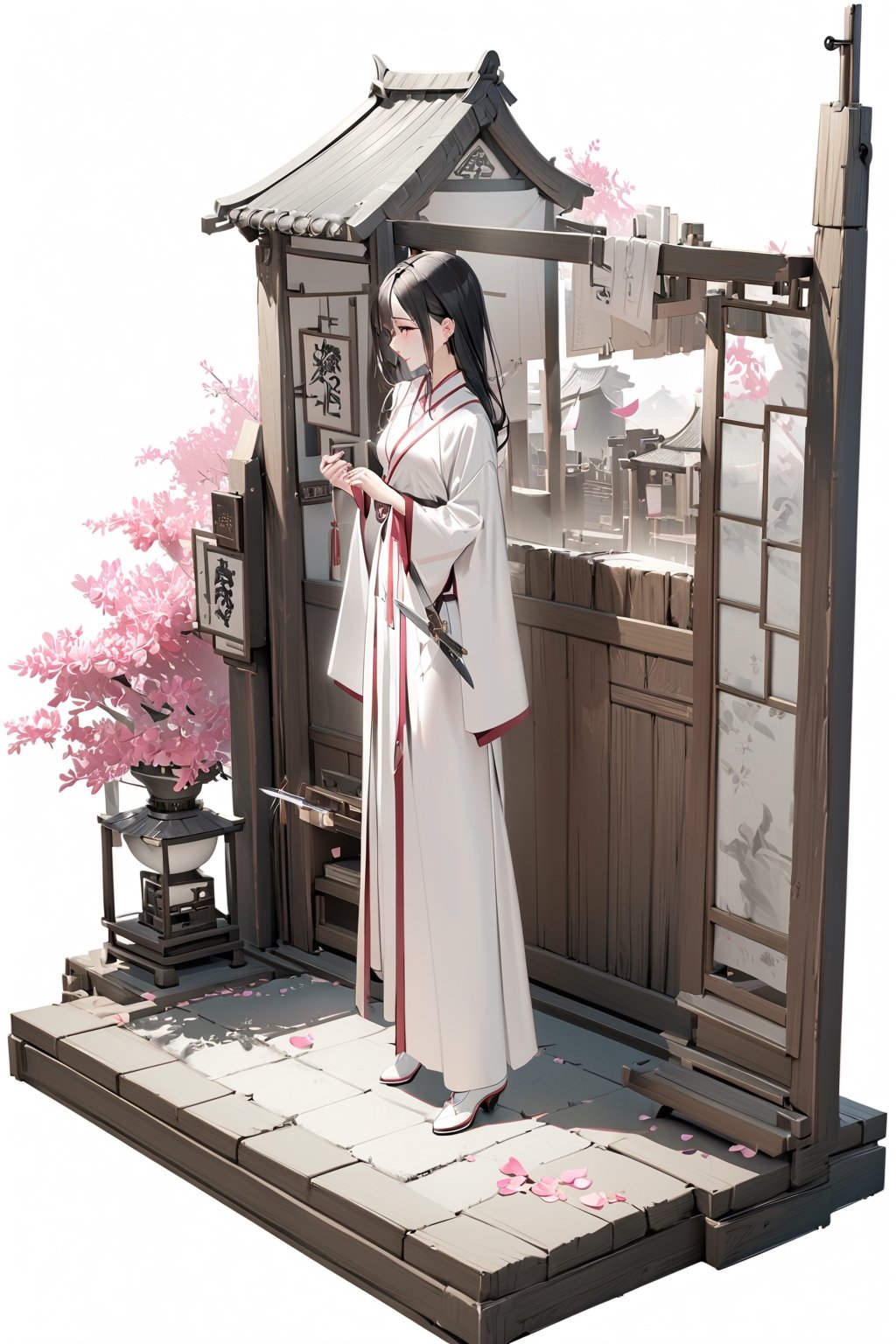 8k, high quality, masterpiece: 1.3), miniature model, white background, 3D isometric style, center, solo, full body,

1 Chinese woman, 26 years old, long black hair, with pink petals on her forehead, wearing a red and white Chinese robe, white plush at the neckline, wearing white leather boots, holding an iron-gray ancient long-handled weapon connecting two sharp knives, and the background is the gate of the ancient Chinese camp.