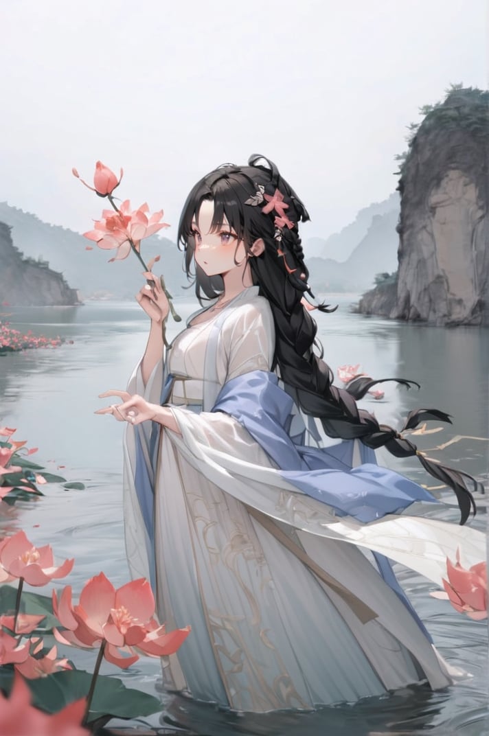 1 Chinese woman, 30 yo,with long black hair (braid), a pink lily in her hair, wearing a blue flat mouth, white translucent Hanfu, holding a branch with red peach blossoms in her hand, posing like a battle, the background is on the bank of the river in the south of the Yangtze River，4k, elegant, no expression