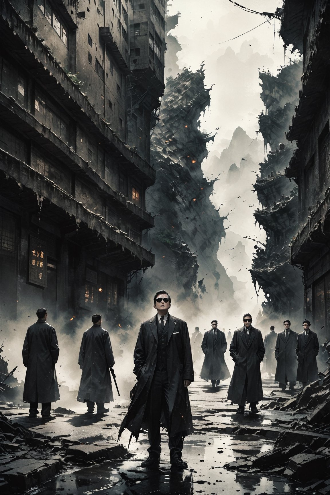 (master piece),(4k),(great artist),A group of men, wearing black and dark gray suits, wearing black sunglasses, elegant ruffians, underworld, holding short guns, film-grade pictures, looking up, background in the streets of Taiwan