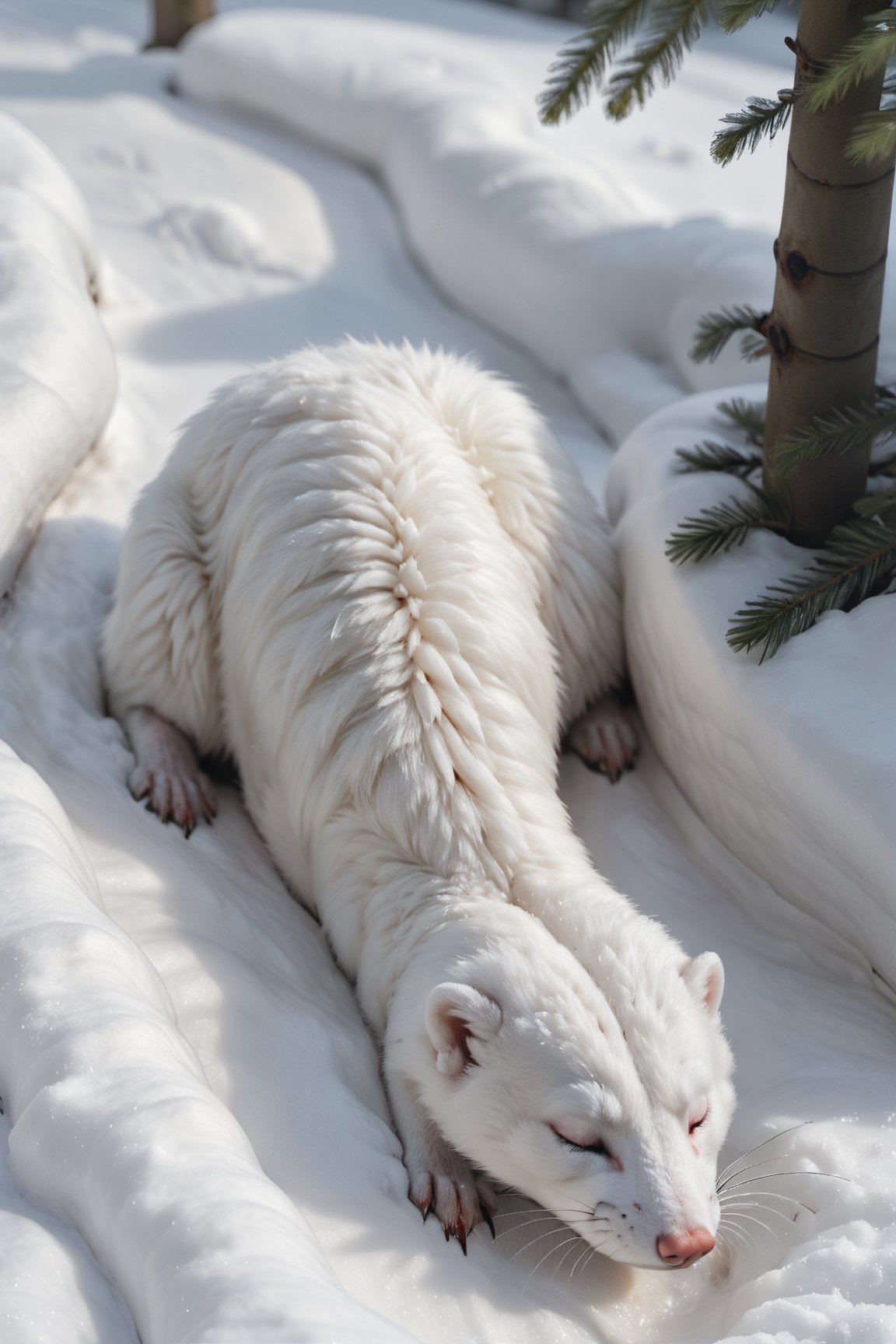 a cute White mink sleeping over  Snow, 8k, uhd, dslr, realistic, photo
