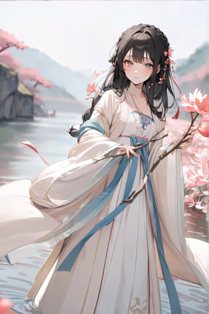 1 Chinese woman, 30 yo,with long black hair (braid), a pink lily in her hair, wearing a blue flat mouth, white translucent Hanfu, holding a branch with red peach blossoms in her hand, posing like a battle, the background is on the bank of the river in the south of the Yangtze River，4k, elegant, no expression