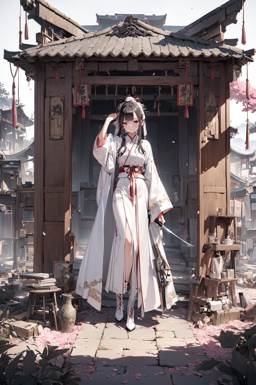 8k, high quality, masterpiece: 1.3), miniature model, white background, 3D isometric style, center, solo, full body,

1 Chinese woman, 26yo, long black hair, pink petals on the forehead, wearing a red and white Chinese robe, white plush at the neckline, wearing white leather boots, holding an iron-gray ancient long-handled weapon, the end of the weapon is two sharp knives, and the background is at the gate of the ancient Chinese camp.