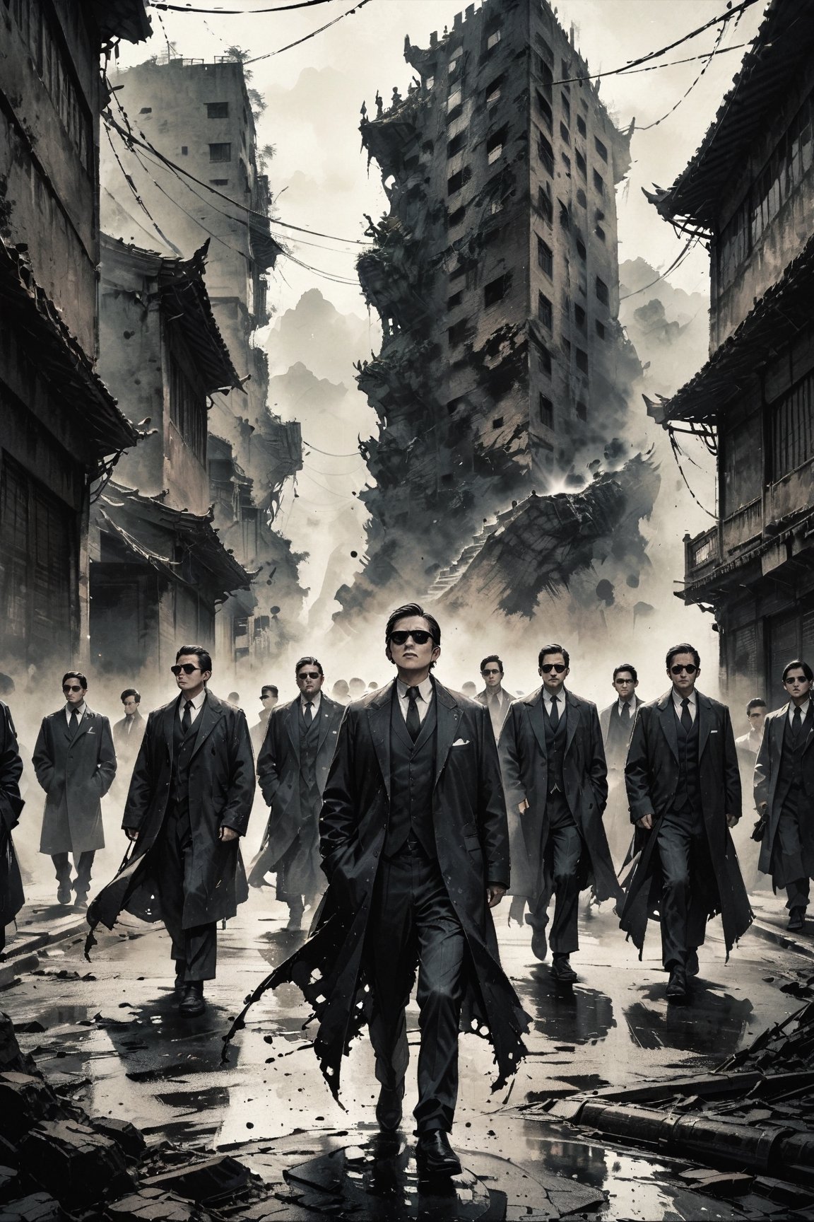 (master piece),(4k),(great artist),A group of men, wearing black and dark gray suits, wearing black sunglasses, elegant ruffians, underworld, holding short guns, film-grade pictures, looking up, background in the streets of Taiwan