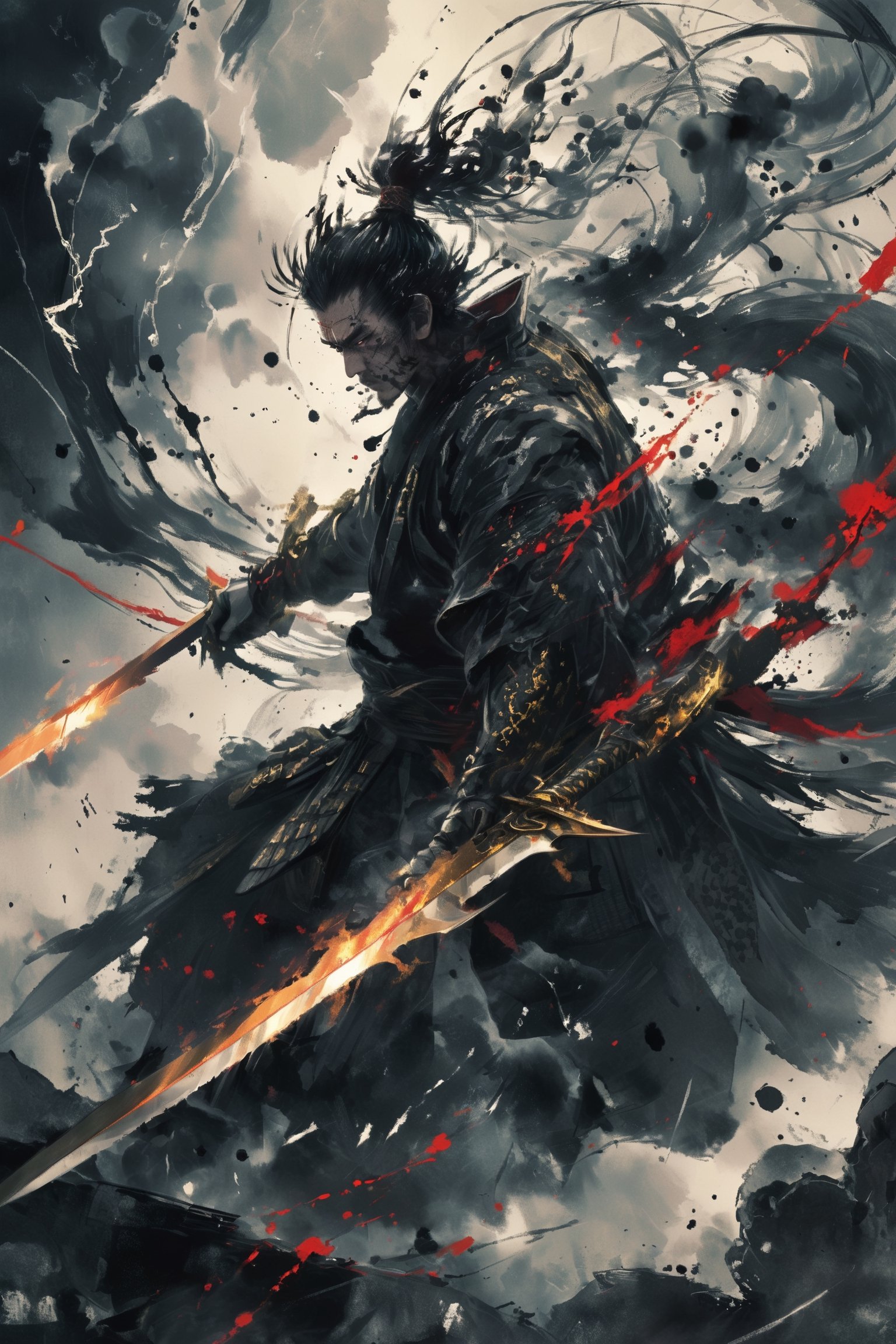 Samurai,moment when a swiftly wielded sword cleaves through an enemy with lightning speed, slicing them in half in a single fluid motion. Envision the sharp blade glinting in the sunlight as it arcs through the air with deadly precision, ,kabuki,ink