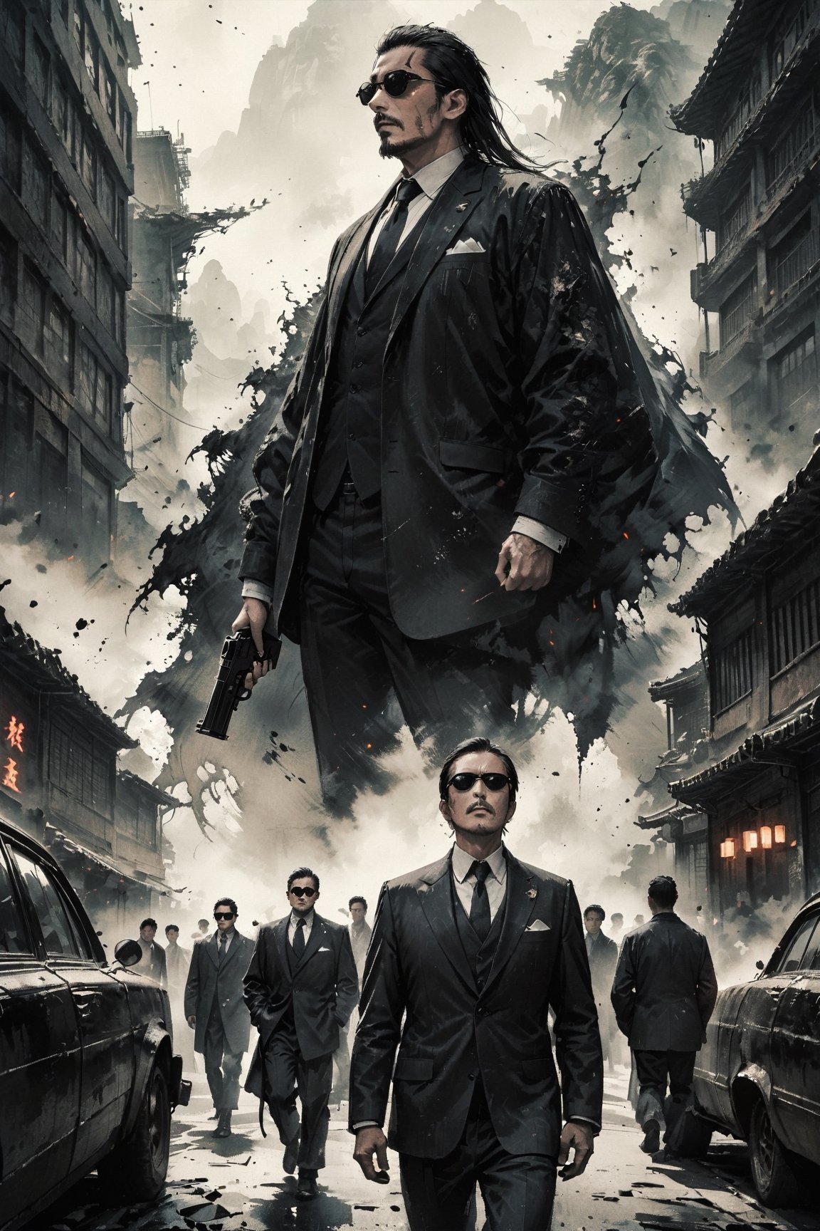 (master piece),(4k),(great artist),A group of men, wearing black and dark gray suits, wearing black sunglasses, elegant ruffians, underworld, holding short guns, film-grade pictures, looking up, background in the streets of Taiwan