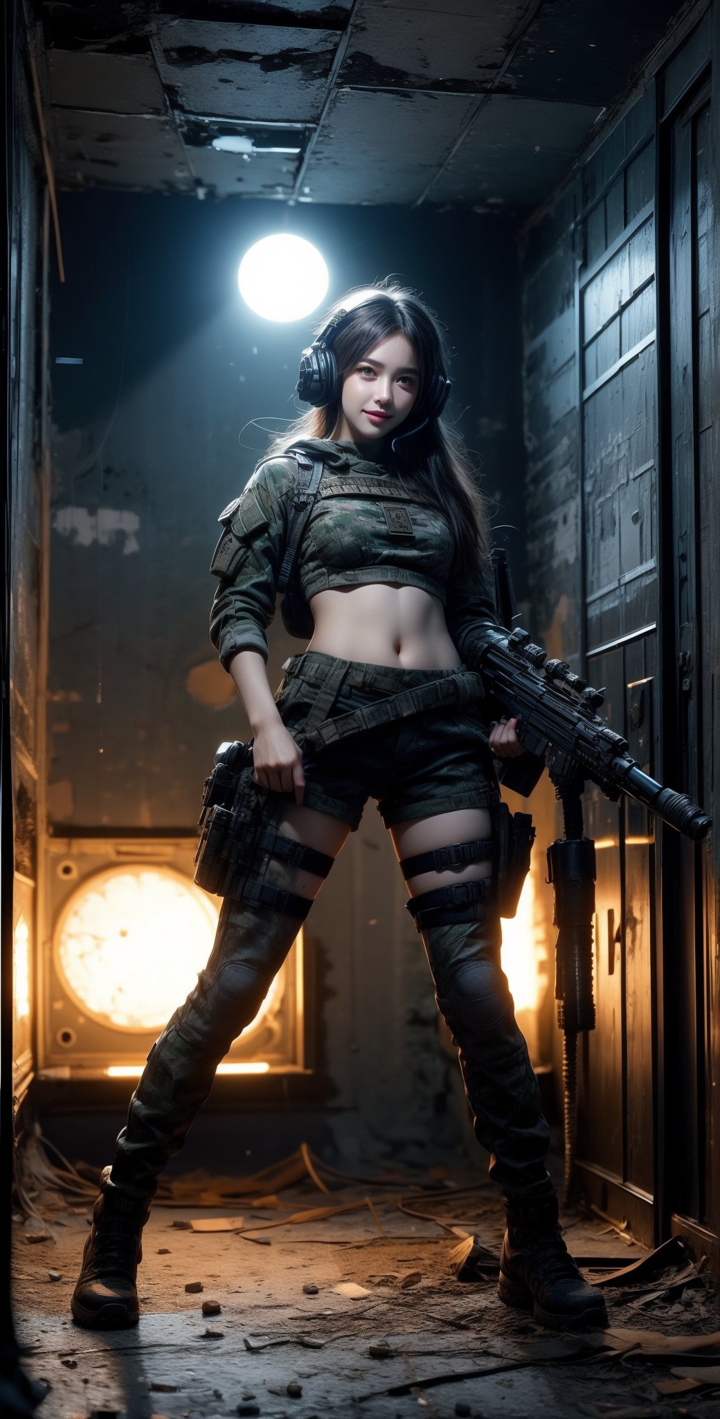 1 beautiful female soldier, wearing communication headphones, young female soldier, girl sniper with small automatic rifle, futuristic combat gear, wearing military camouflage crop top, big breasts, navel, military shorts, thighs, cool action pose, wearing tactical gear with ammunition, cowboy gets shot, inside abandoned city in desert after battle,Taskforce,cameltoe, Glamor body type,  blushed face:0.7),((nervous and embarrassed)), sharp-focus,  beauty mix,  FilmGirl, film grain, detailed fingers, beautiful and aesthetic, masterpiece, high contrast,  bokeh:1.2,  lens flare,  (vibrant color:1.4), (muted colors,  cinematic lighting,  ambient lighting,  side lighting,  Exquisite details and textures, cinematic shot, perfect tone,  (Bright and intense:1.2),  wide shot, (full-body view:1.5), (smile expression:1),ultra-realistic illustration, Siena natural ratio,  Best Quality,  photorealistic,  ultra-detailed,  finely detailed,  high resolution,  perfect dynamic composition,official art, digital illustration, best studio quality, 64k UHD, octane render, sharp focus, smooth rhythm,1girl