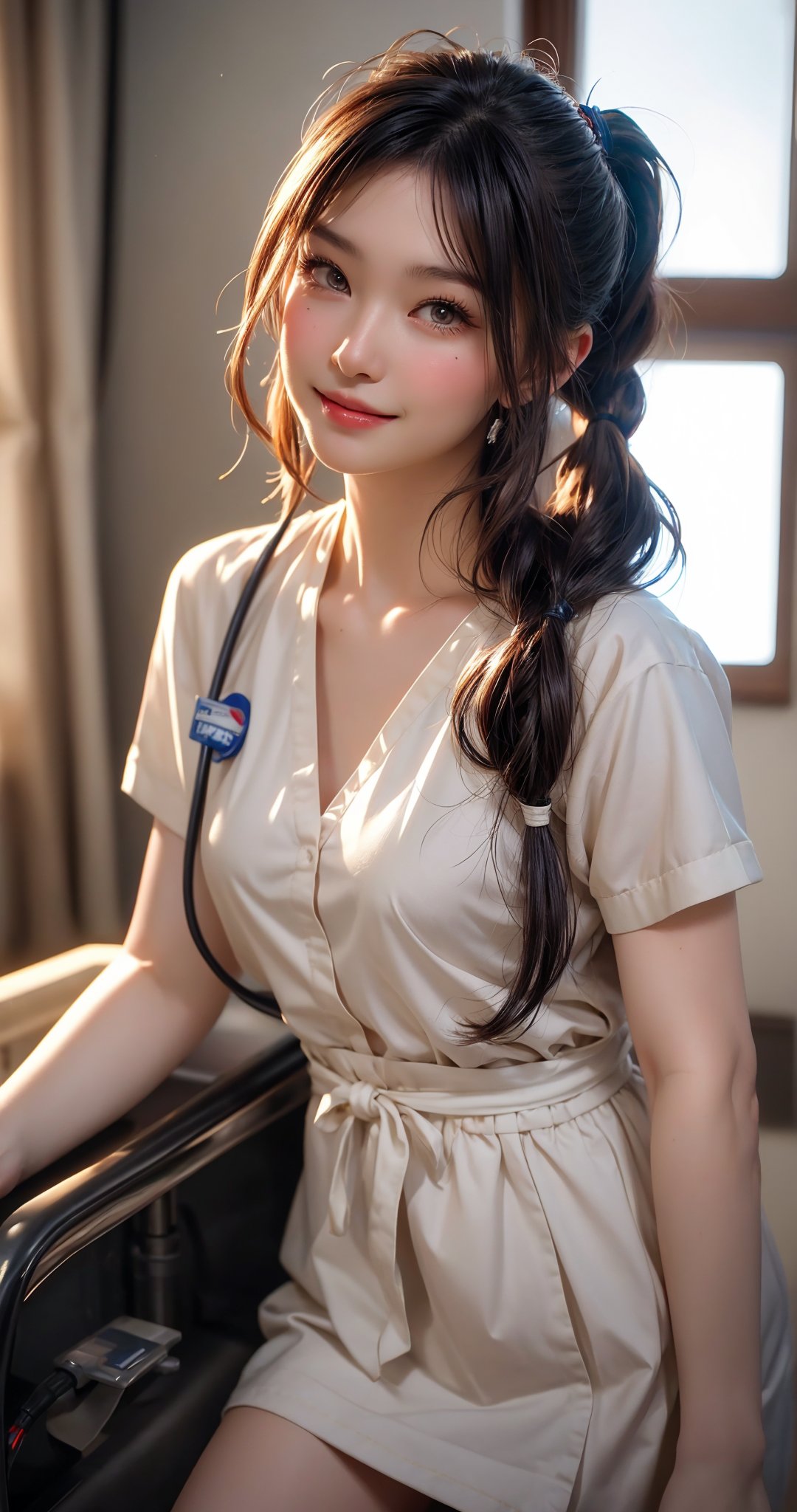  Anime girl, solo, a young japanese woman, 20 years old, wearing  nurse short_uniform, smile,1 girl , long twintails hair, bang, black hair,standing, full-body shot, expression smiling face, holding_Syringe , show thigh, hospital room,completely realistic face, ray trace visually stunning 32k UHD, 3D CG, highest resolution, perfect details, style expressive, sharp focus, Best Quality, Masterpiece: 1.3, best quality, Special trible girl futuristic-tricks, photorealism, Photo realistic, high resolution, Raw photo, Natural light, syringe,walking in hospital room, (Detailed face), perfect body