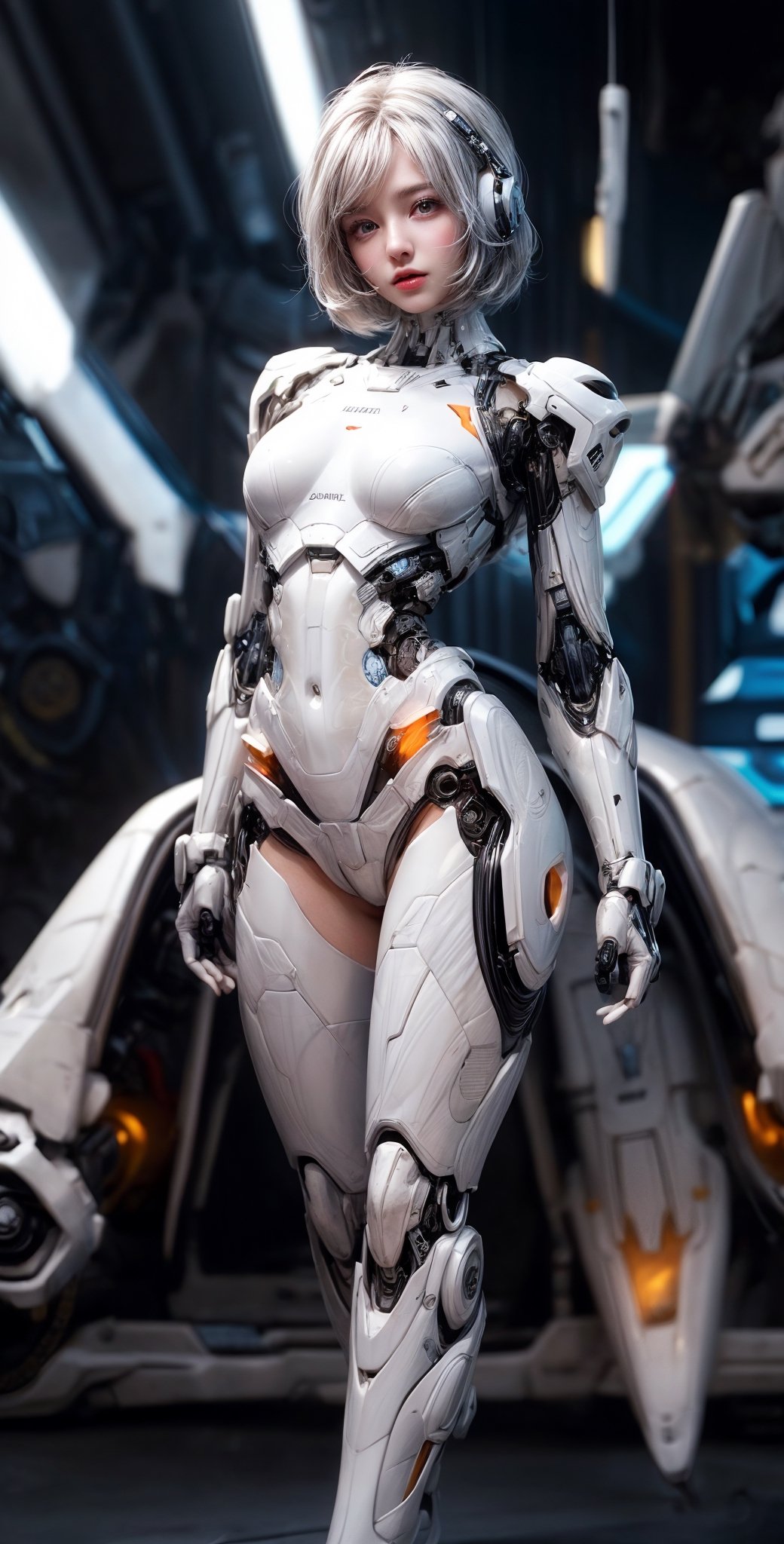 masterpiece, official art, digital illustration, best studio quality, 32k UHD, C4D style, octane render, sharp focus, complex details, perfect details, highest resolution, RAW, photorealistic, 3G game artstyle,studio lighting,1girl,solo,White mecha, (full body length), 1 girl, solo,(super cuteness), (super beautiful face),white skin,beautiful eyes, (delicate face), perfect detail,White hair, short hair, Bob hairstyle, finger detailed, futuristic style of white mechanical girl,futuristic style of((white futuristic exosuit, white accents, mecha suit, white mechanical arms,white mechanical parts,high-tech headset)) ,(transparent background),dark studio