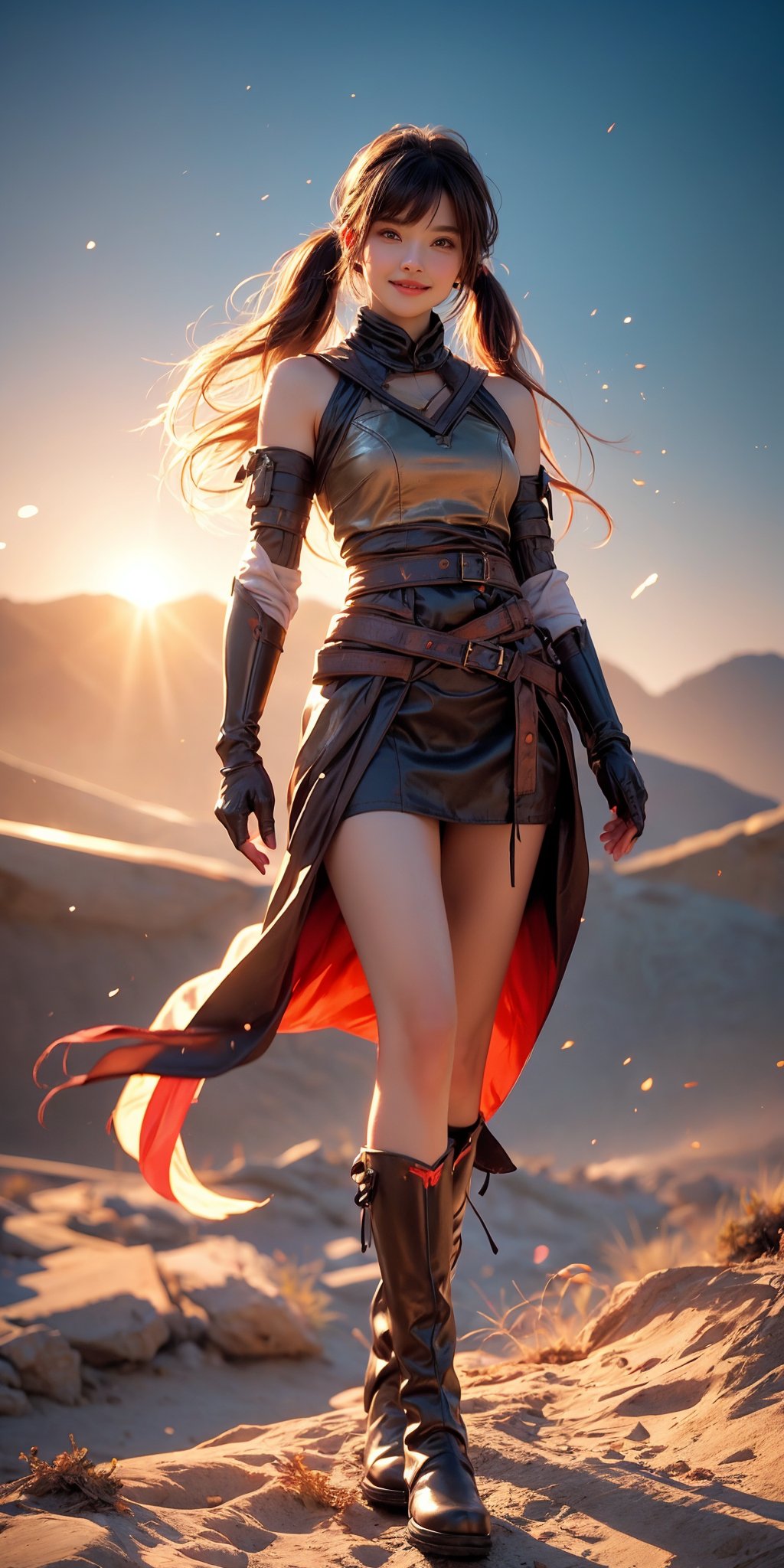 Here is a prompt that combines the elements you provided:

A stunning 32k UHD, 3D CG masterpiece of a tribal girl hunter standing proudly in the middle of a vast desert landscape. The heroine wears knee-high boots and armor, her long black hair styled in twin tails with bangs framing her smiling face. Her eyes shine brightly as she holds bazooka assault  at the ready,aqua hair, its realistic details perfectly rendered. The desert sun casts natural light on the scene, capturing every detail of this photorealistic image. In the distance, a battle-scarred landscape stretches out, with the girl's confident stride and determined expression showcasing her bravery in the face of war.,(full-body:1.5),best life and shadow. 