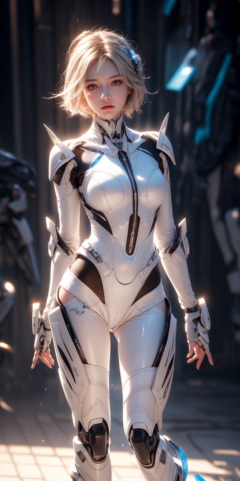 masterpiece, official art, digital illustration, best studio quality, 32k UHD, C4D style, octane render, sharp focus, complex details, perfect details, highest resolution, RAW, photorealistic, CG game art,studio lighting,1girl,solo,White mecha, (full body length), 1 girl, solo,(super cuteness), (super beautiful face),white skin,beautiful eyes, (delicate face), perfect detail,White hair, short hair, Bob hairstyle, finger detailed, white mechanical girl, white exosuit, white accents, mecha suit, white mechanical arms,white mechanical parts,(white high-tech headset) ,(transparent background),dark studio