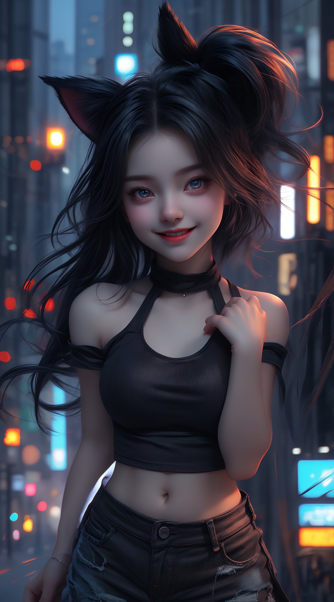 A stunning chibi masterpiece! A young woman with pale skin, shining blue eyes floats amidst a dark and noisy city street, blue_neon lights casting an eerie glow. Her long, twin-tailed hair flows behind her like a dark cloud, while her ripped tube top and tight hot pants reveal a tantalizing glimpse of her curves. The fluffy black cat-ear on her head is the perfect accompaniment to her mischievous grin, as she performs a dynamic pose with one hand grasping a nearby wall and the other raised in triumph. In the background, a blurred cityscape stretches out, filled with towering buildings and flashing lights. The overall effect is a hyper-realistic, top-quality wallpaper that's almost too detailed to be believed.(full_body shot)