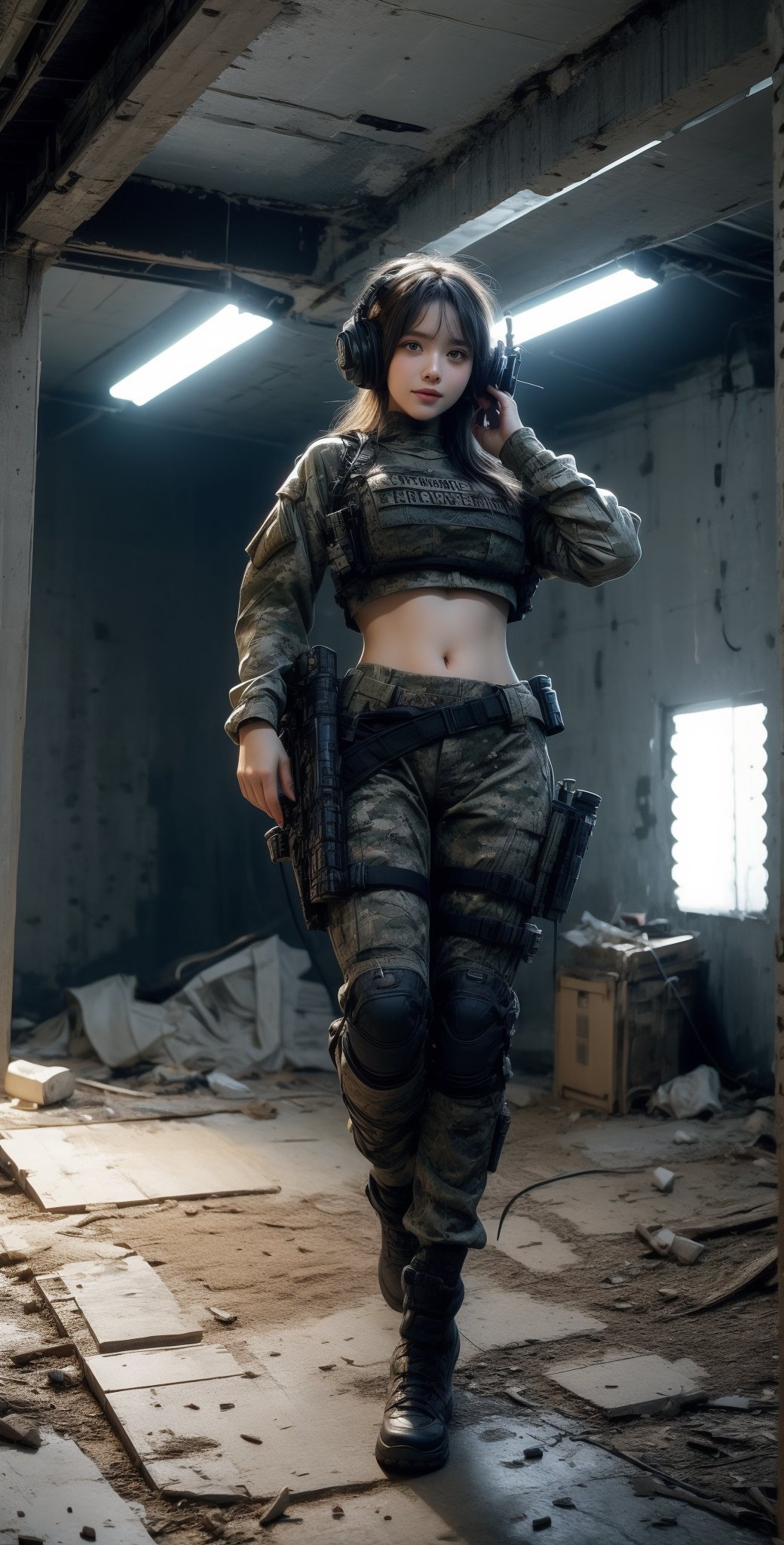 1 beautiful female soldier, wearing communication headphones, young female soldier, girl sniper with small automatic rifle, futuristic combat gear, wearing military camouflage crop top, big breasts, navel, military shorts, thighs, cool action pose, wearing tactical gear with ammunition, cowboy gets shot, inside abandoned city in desert after battle,Taskforce,cameltoe, Glamor body type,  blushed face:0.7),((nervous and embarrassed)), sharp-focus,  beauty mix,  FilmGirl, film grain, detailed fingers, beautiful and aesthetic, masterpiece, high contrast,  bokeh:1.2,  lens flare,  (vibrant color:1.4), (muted colors,  cinematic lighting,  ambient lighting,  side lighting,  Exquisite details and textures, cinematic shot, perfect tone,  (Bright and intense:1.2),  wide shot, (full-body view:1.5), (smile expression:1),ultra-realistic illustration, Siena natural ratio,  Best Quality,  photorealistic,  ultra-detailed,  finely detailed,  high resolution,  perfect dynamic composition,official art, digital illustration, best studio quality, 64k UHD, octane render, sharp focus, smooth rhythm,1girl