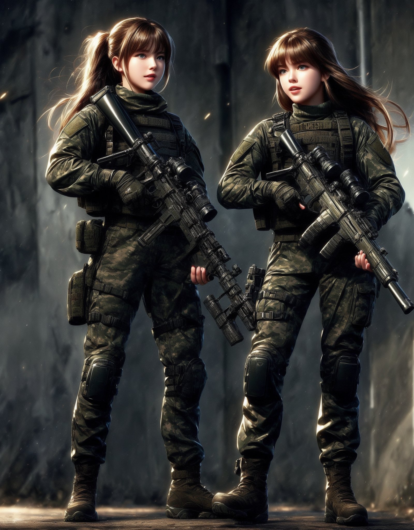 1girl, solo, long hair, looking at the viewer, smile, laugh,  bangs, brown hair, realistic, ponytail, gloves, holding, weapon,  realistic, short sleeves, boots, black gloves, pants, fingerless gloves, black footwear, holding weapon, blurry, gun, military, black shirt, blurry background, (wearing military camouflage crop top, pants), holding gun, rifle, assault rifle, knee pads, one knee, combat boots, M4A1, Military,  elegance, masterpiece, earrings, realistic,  masterpiece, best quality, photorealistic, raw photo,  earrings, black eyes, lips, bow headband, lips, ribbon, realistic, parted lips, lips, ribbon, realistic, blurry background,Military, Taskforce, Assault rifle ,dual wielding twin buster rifle