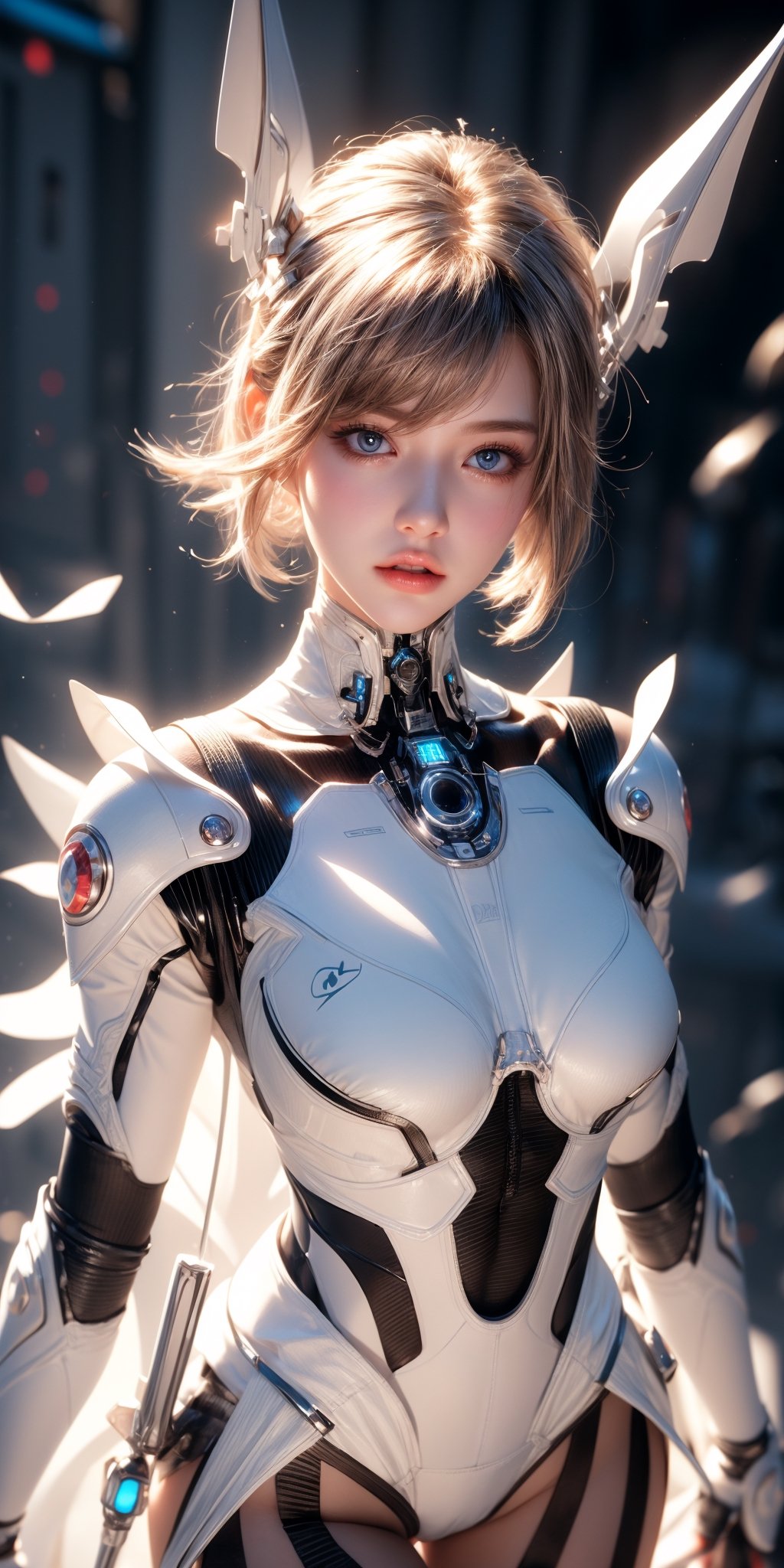 masterpiece, official art, digital illustration, best studio quality, 32k UHD, C4D style, octane render, sharp focus, complex details, perfect details, highest resolution, RAW, photorealistic, CG game art,studio lighting,1girl,solo,White mecha, (full body length), 1 girl, solo,(super cuteness), (super beautiful face),white skin,beautiful eyes, (delicate face), perfect detail,White hair, short hair, Bob hairstyle, finger detailed, white mechanical girl, white exosuit, white accents, mecha suit, white mechanical arms,white mechanical parts,(white high-tech headset) ,(transparent background),dark studio