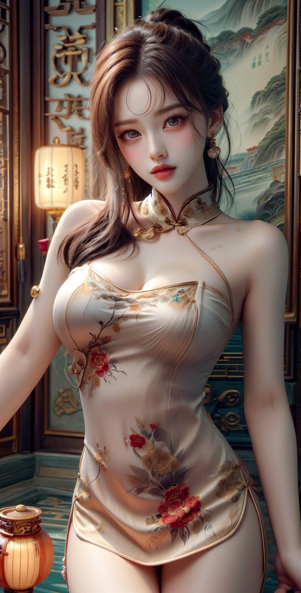 (Full body:1.2),(close up),(stunning  face portrait),Masterpiece, Realistic,8K ,Wallpaper, amazing, Fine detail, Light on Face, Backlight, Cinematic lighting, (((wide-angle lens))), Seen from above, Dynamic Posture, High-quality details, Cinematic lighting,Best Quality, Illustration, Very detailed,(beautiful young girl 20 yo),umbilical, Gemstones refract dazzling light,breasts,Healthy skin, Thin skin, enticing expression, Double eyelids,nature lips, radiant lips,beautiful shimmering makeup , gold pattern tattooed on the forehead, Real pores, perfect skin, {beautiful and detailed eyes},(eirotic and sexy) Glamor body type, (aroused face,  ahegao face, Glamor body type, (blushed face :1.2),(wearing gems, pearls, Emeraude, amber), Dynamic Hair, High ponytail hairstyle, Beaded hairpins, Layered hair, Wet hair, Loose hair, Wet skin texture, Shiny skin, Glowing skin, Radiant, eyes looking at the lens,((Unbelievably beautiful and cute)),(big eyes:0.8), extremely sea_blue seductive eyes, eyeliner, eye smile,(((perfect anatomy,perfect hand))),wearing (gold and red color cheongsam outfit:1.3), white flowers,Diamonds, Pendants, Necklaces, waist chains, Stud earrings, earrings, Bracelets, anklets, (background old Chinese home in 400 year and old lamp)