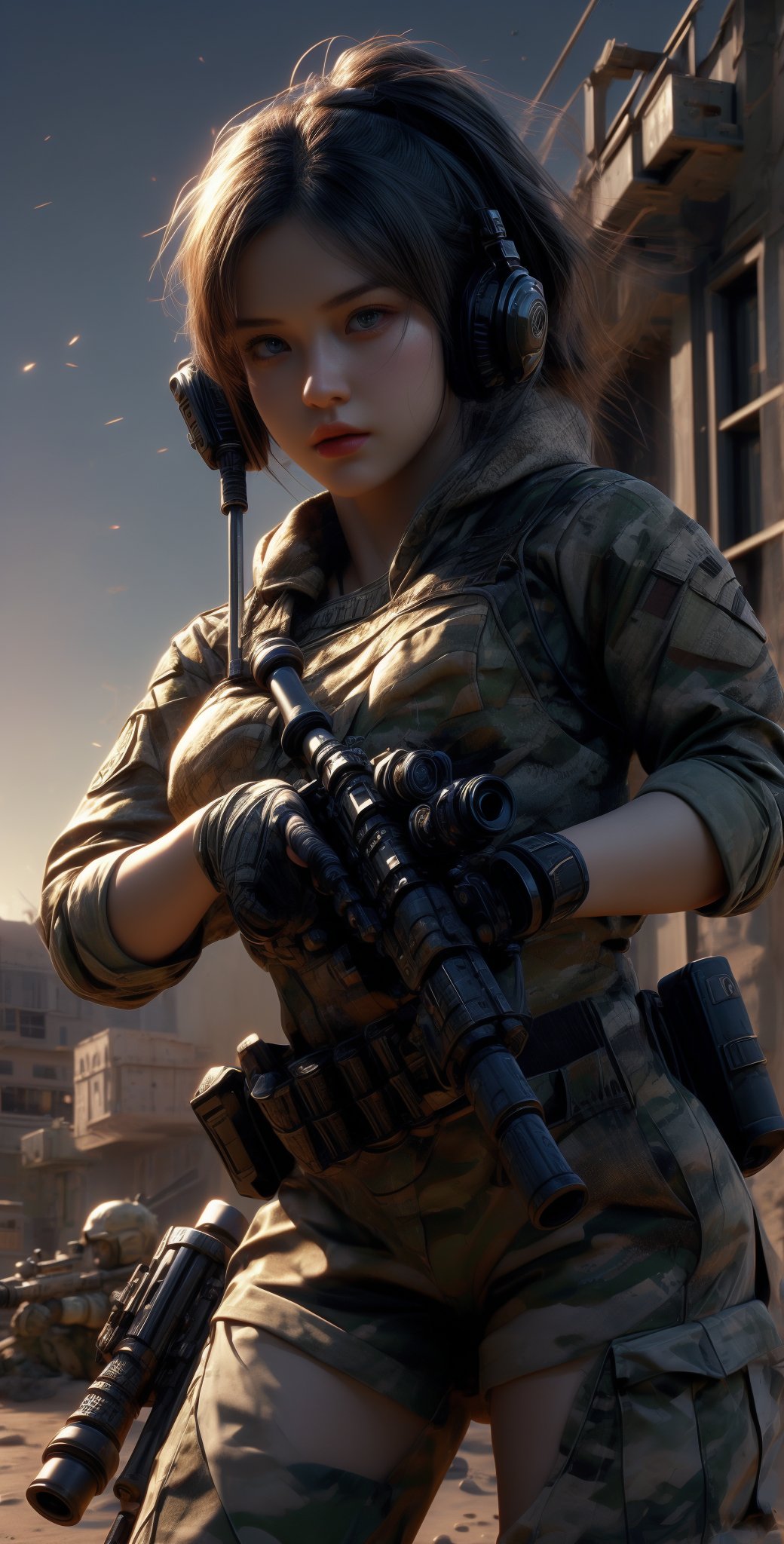 1 beautiful female soldier, wearing communication headphones, young female soldier, girl sniper with small automatic rifle, futuristic combat gear, wearing military camouflage crop top, big breasts, navel, military shorts, thighs, cool action pose, wearing tactical gear with ammunition, cowboy gets shot, inside abandoned city in desert after battle,Taskforce,cameltoe, Glamor body type,  blushed face:0.7),((nervous and embarrassed)), sharp-focus,  beauty mix,  FilmGirl, film grain, detailed fingers, beautiful and aesthetic, masterpiece, high contrast,  bokeh:1.2,  lens flare,  (vibrant color:1.4), (muted colors,  cinematic lighting,  ambient lighting,  side lighting,  Exquisite details and textures, cinematic shot, perfect tone,  (Bright and intense:1.2),  wide shot, (full-body view:1.5), (smile expression:1),ultra-realistic illustration, Siena natural ratio,  Best Quality,  photorealistic,  ultra-detailed,  finely detailed,  high resolution,  perfect dynamic composition,official art, digital illustration, best studio quality, 64k UHD, octane render, sharp focus, smooth rhythm,1girl