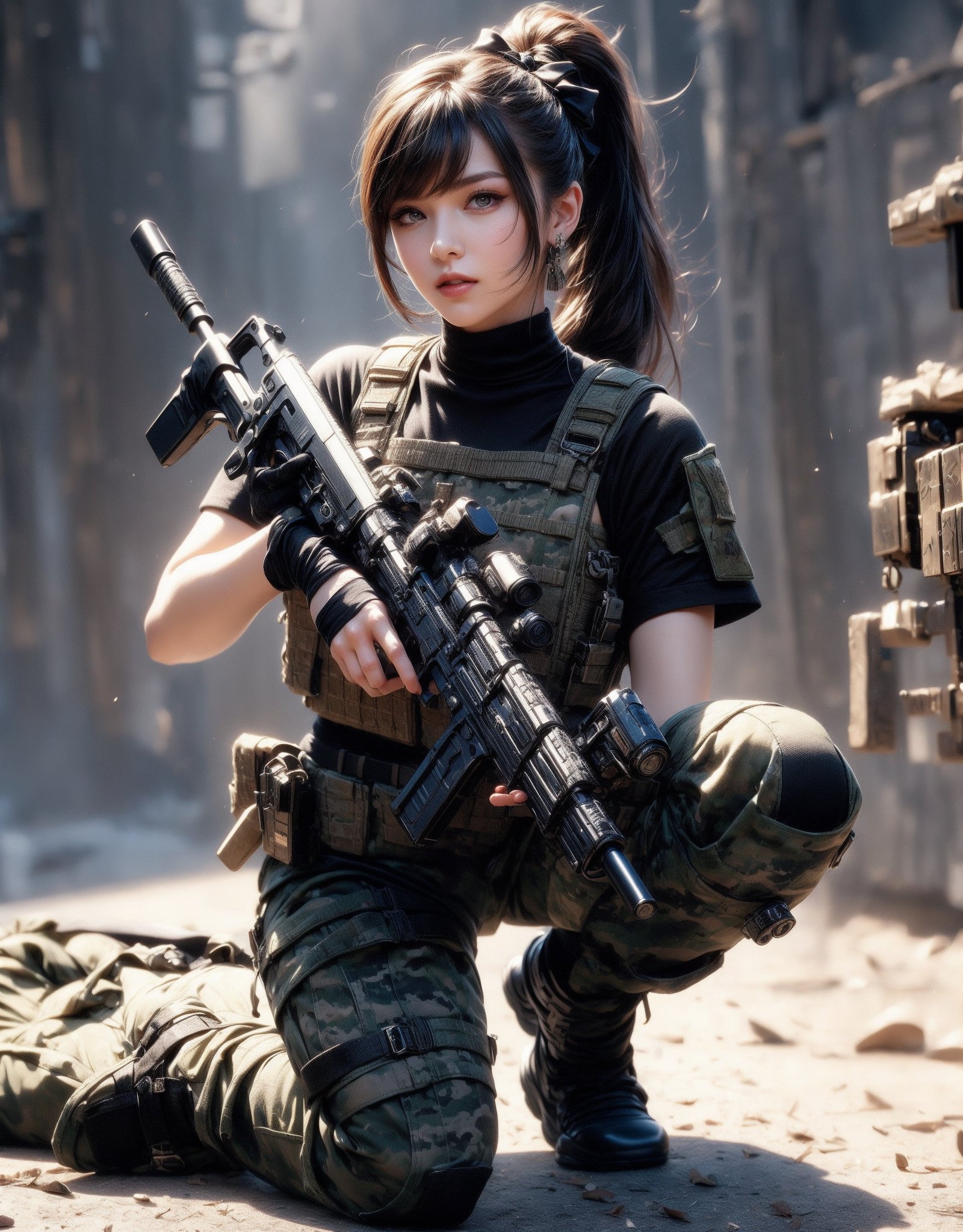 1girl, solo, long hair, looking at the viewer, smile, laugh,  bangs, brown hair, realistic, ponytail, gloves, holding, weapon,  realistic, short sleeves, boots, black gloves, pants, fingerless gloves, black footwear, holding weapon, blurry, gun, military, black shirt, blurry background, (wearing military camouflage crop top, pants), holding gun, rifle, assault rifle, knee pads, one knee, combat boots, M4A1, Military,  elegance, masterpiece, earrings, realistic,  masterpiece, best quality, photorealistic, raw photo,  earrings, black eyes, lips, bow headband, lips, ribbon, realistic, parted lips, lips, ribbon, realistic, blurry background,Military, Taskforce, Assault rifle ,dual wielding twin buster rifle,mecha