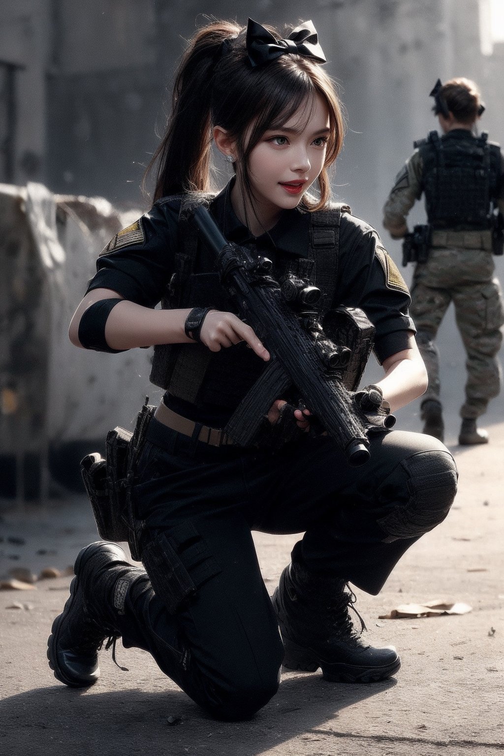 1girl, solo, long hair, looking at the viewer, smile, laugh,  bangs, brown hair, realistic, ponytail, open mouth, gloves, holding, weapon,  realistic, short sleeves, boots, black gloves, pants, fingerless gloves, black footwear, holding weapon, blurry, gun, military, black shirt, blurry background, black pants, holding gun, rifle, assault rifle, knee pads, one knee, combat boots, M4A1, Military,  elegance, masterpiece, earrings, realistic,  masterpiece, best quality, photorealistic, raw photo,  earrings, black eyes, lips, bow headband, lips, ribbon, realistic, parted lips, lips, ribbon, realistic, blurry background,Military,Taskforce,Assault rifle ,dual wielding twin buster rifle