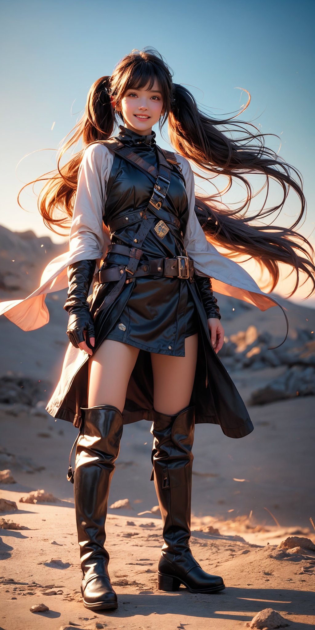 Here is a prompt that combines the elements you provided:

A stunning 32k UHD, 3D CG masterpiece of a tribal girl hunter standing proudly in the middle of a vast desert landscape. The heroine wears knee-high boots and armor, her long black hair styled in twin tails with bangs framing her smiling face. Her eyes shine brightly as she holds bazooka assault  at the ready,aqua hair, its realistic details perfectly rendered. The desert sun casts natural light on the scene, capturing every detail of this photorealistic image. In the distance, a battle-scarred landscape stretches out, with the girl's confident stride and determined expression showcasing her bravery in the face of war.,(full-body:1.5),best life and shadow. 