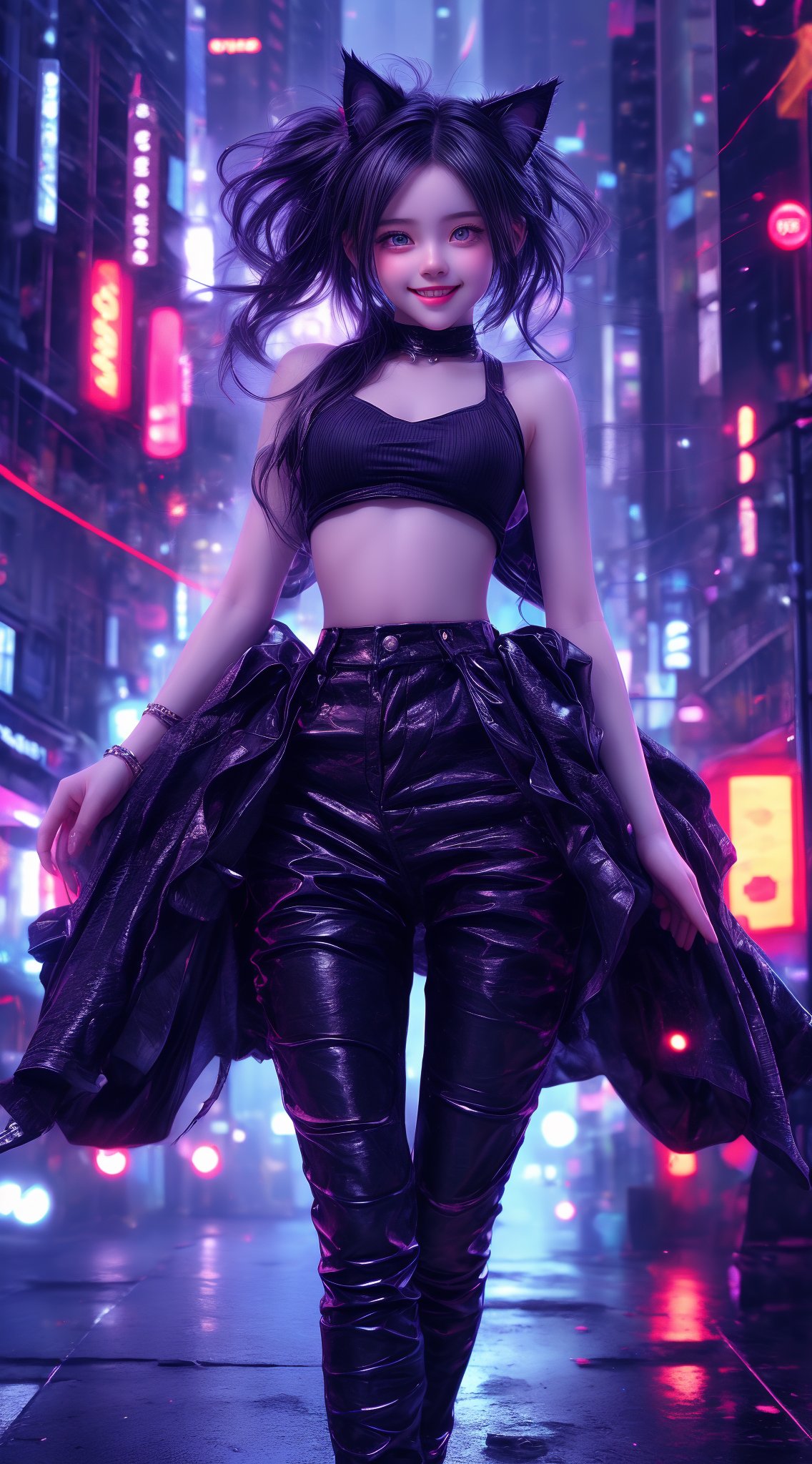 A stunning chibi masterpiece! A young woman with pale skin, shining blue eyes floats amidst a dark and noisy city street, blue_neon lights casting an eerie glow. Her long, twin-tailed hair flows behind her like a dark cloud, while her ripped tube top and tight hot pants reveal a tantalizing glimpse of her curves. The fluffy black cat-ear on her head is the perfect accompaniment to her mischievous grin, as she performs a dynamic pose with one hand grasping a nearby wall and the other raised in triumph. In the background, a blurred cityscape stretches out, filled with towering buildings and flashing lights. The overall effect is a hyper-realistic, top-quality wallpaper that's almost too detailed to be believed.(full_body shot)