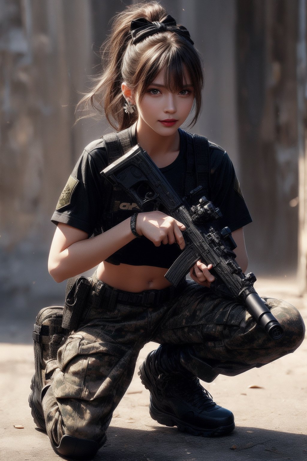 1girl, solo, long hair, looking at the viewer, smile, laugh,  bangs, brown hair, realistic, ponytail, gloves, holding, weapon,  realistic, short sleeves, boots, black gloves, pants, fingerless gloves, black footwear, holding weapon, blurry, gun, military, black shirt, blurry background, (wearing military camouflage crop top, pants), holding gun, rifle, assault rifle, knee pads, one knee, combat boots, M4A1, Military,  elegance, masterpiece, earrings, realistic,  masterpiece, best quality, photorealistic, raw photo,  earrings, black eyes, lips, bow headband, lips, ribbon, realistic, parted lips, lips, ribbon, realistic, blurry background,Military, Taskforce, Assault rifle ,dual wielding twin buster rifle