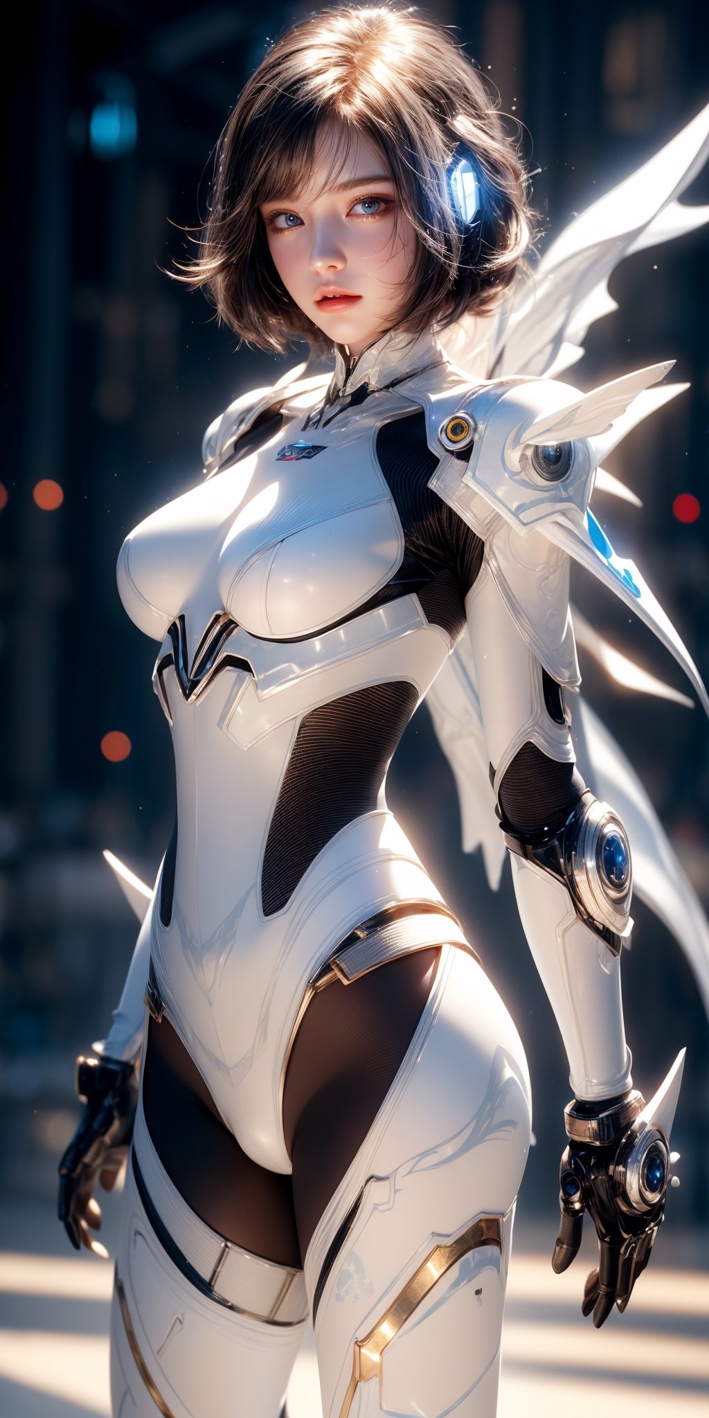 masterpiece, official art, digital illustration, best studio quality, 32k UHD, C4D style, octane render, sharp focus, complex details, perfect details, highest resolution, RAW, photorealistic, CG game art,cinematic lighting,1girl,solo,White mecha, (full body length), 1 girl, solo,(super cuteness), (super beautiful face),white skin,beautiful eyes, (delicate face), perfect detail,White hair, short hair, Bob hairstyle, white mechanical girl, white exosuit, white accents, mecha suit, white mechanical arms,white mechanical parts,(white high-tech headset,glowing led gold lighting) ,(transparent background)