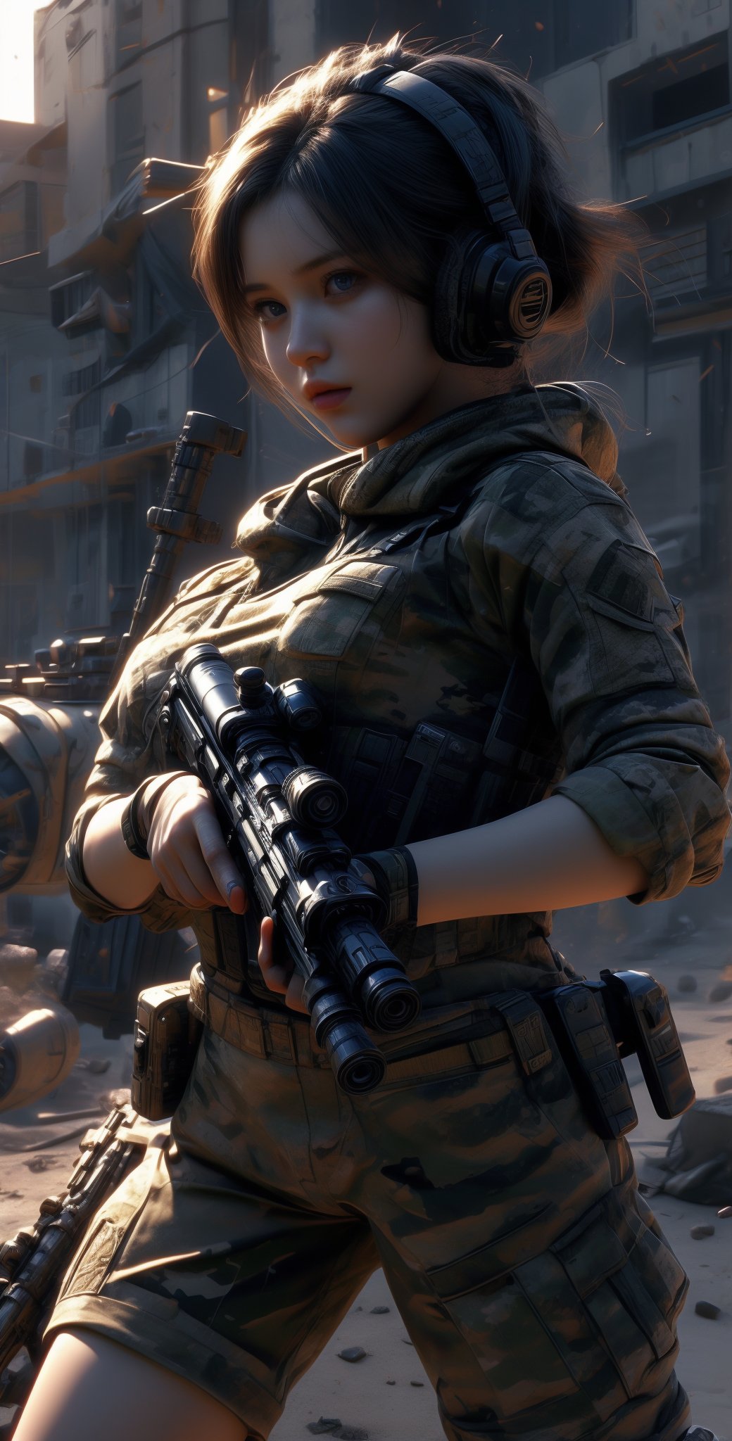 1 beautiful female soldier, wearing communication headphones, young female soldier, girl sniper with small automatic rifle, futuristic combat gear, wearing military camouflage crop top, big breasts, navel, military shorts, thighs, cool action pose, wearing tactical gear with ammunition, cowboy gets shot, inside abandoned city in desert after battle,Taskforce,cameltoe, Glamor body type,  blushed face:0.7),((nervous and embarrassed)), sharp-focus,  beauty mix,  FilmGirl, film grain, detailed fingers, beautiful and aesthetic, masterpiece, high contrast,  bokeh:1.2,  lens flare,  (vibrant color:1.4), (muted colors,  cinematic lighting,  ambient lighting,  side lighting,  Exquisite details and textures, cinematic shot, perfect tone,  (Bright and intense:1.2),  wide shot, (full-body view:1.5), (smile expression:1),ultra-realistic illustration, Siena natural ratio,  Best Quality,  photorealistic,  ultra-detailed,  finely detailed,  high resolution,  perfect dynamic composition,official art, digital illustration, best studio quality, 64k UHD, octane render, sharp focus, smooth rhythm,1girl