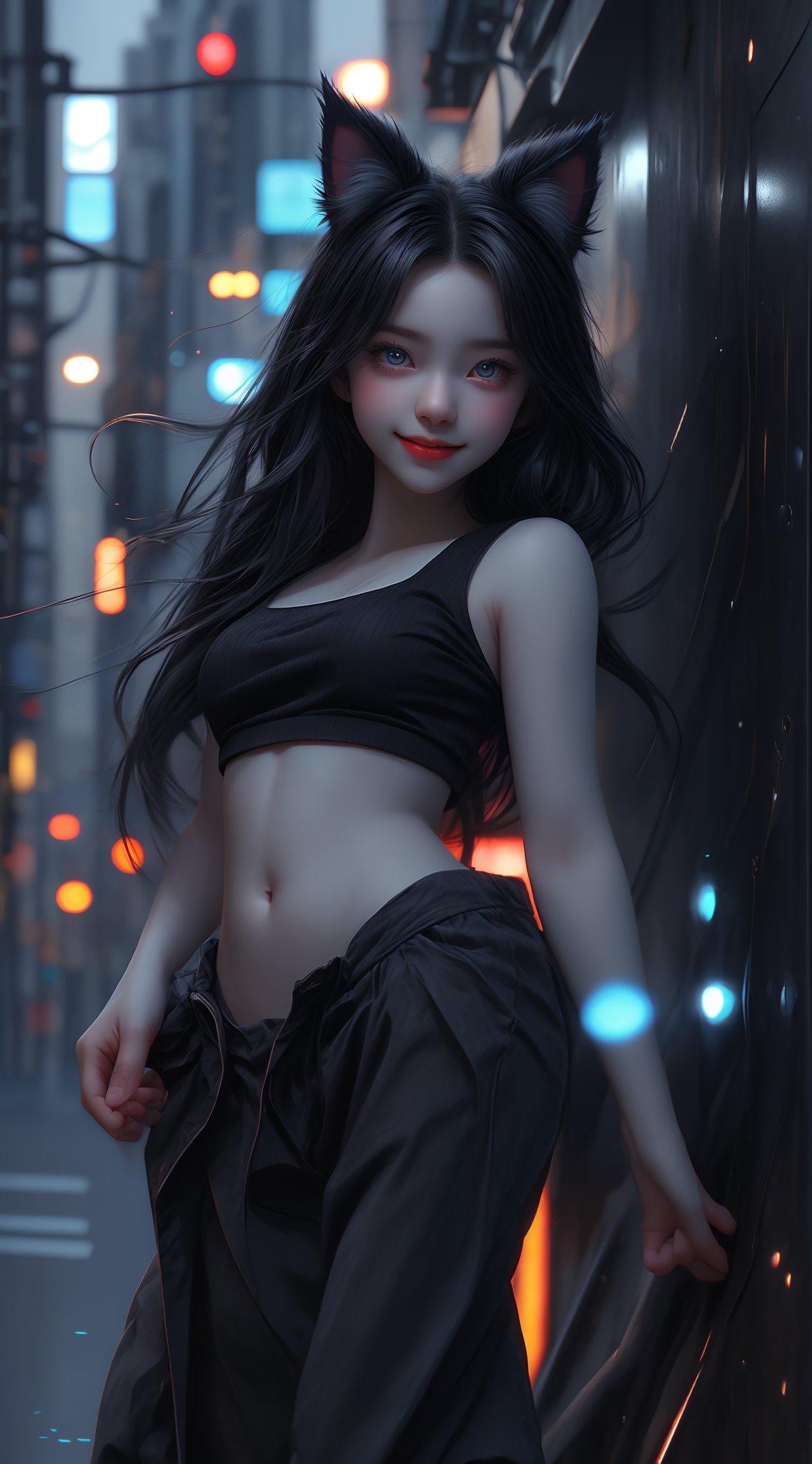 A stunning chibi masterpiece! A young woman with pale skin, shining blue eyes floats amidst a dark and noisy city street, blue_neon lights casting an eerie glow. Her long, twin-tailed hair flows behind her like a dark cloud, while her ripped tube top and tight hot pants reveal a tantalizing glimpse of her curves. The fluffy black cat-ear on her head is the perfect accompaniment to her mischievous grin, as she performs a dynamic pose with one hand grasping a nearby wall and the other raised in triumph. In the background, a blurred cityscape stretches out, filled with towering buildings and flashing lights. The overall effect is a hyper-realistic, top-quality wallpaper that's almost too detailed to be believed.(full_body shot)