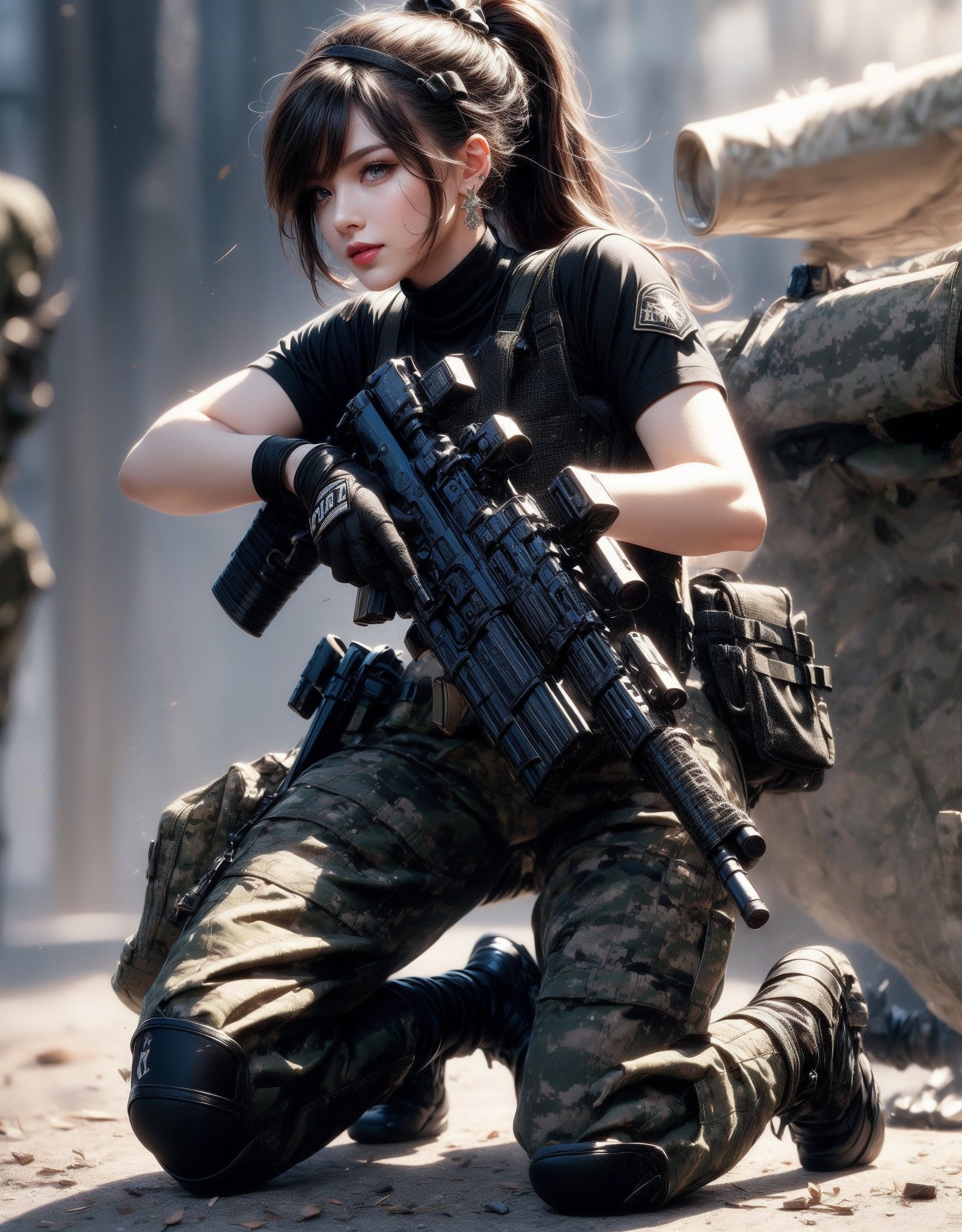 1girl, solo, long hair, looking at the viewer, smile, laugh,  bangs, brown hair, realistic, ponytail, gloves, holding, weapon,  realistic, short sleeves, boots, black gloves, pants, fingerless gloves, black footwear, holding weapon, blurry, gun, military, black shirt, blurry background, (wearing military camouflage crop top, pants), holding gun, rifle, assault rifle, knee pads, one knee, combat boots, M4A1, Military,  elegance, masterpiece, earrings, realistic,  masterpiece, best quality, photorealistic, raw photo,  earrings, black eyes, lips, bow headband, lips, ribbon, realistic, parted lips, lips, ribbon, realistic, blurry background,Military, Taskforce, Assault rifle ,dual wielding twin buster rifle,mecha