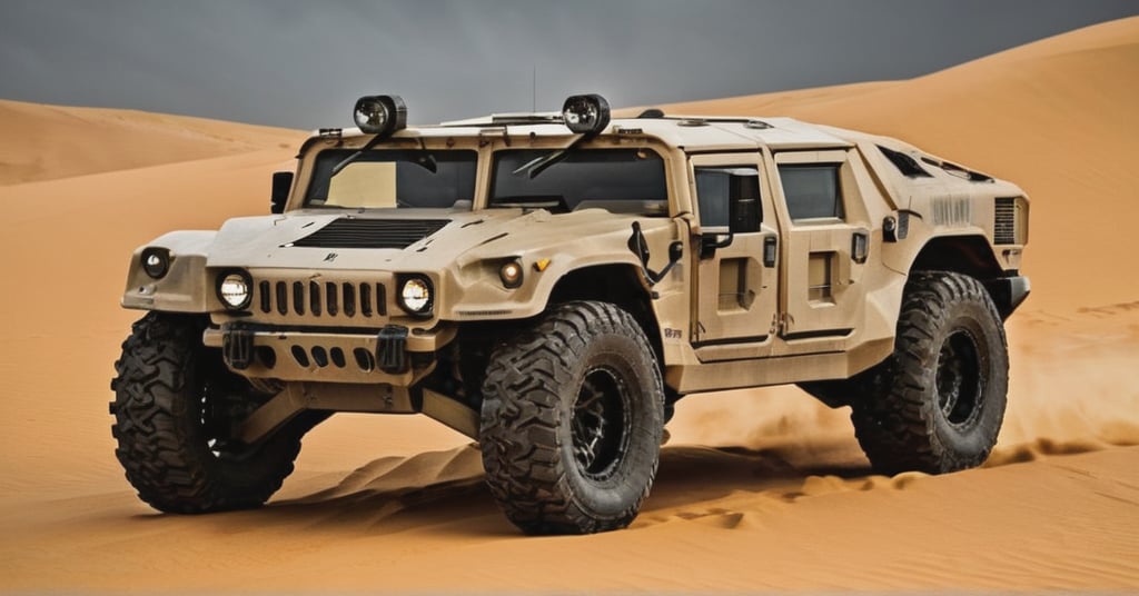 A futuristic of war vehicle, high-resolution masterpiece captures a sleek, camouflage-patterned texture,  military vehicle, LM002-inspired, with a sharp focus on the rugged terrain. The dune's gradient meets the vehicle's gray body, worn at the edges like battle scars. Laser headlights pierce the darkness, while double-row seats evoke a sense of stealth and power. From a diagonal angle, the camera captures the vehicle's imposing presence, as if ready to enter the Death Race arena.