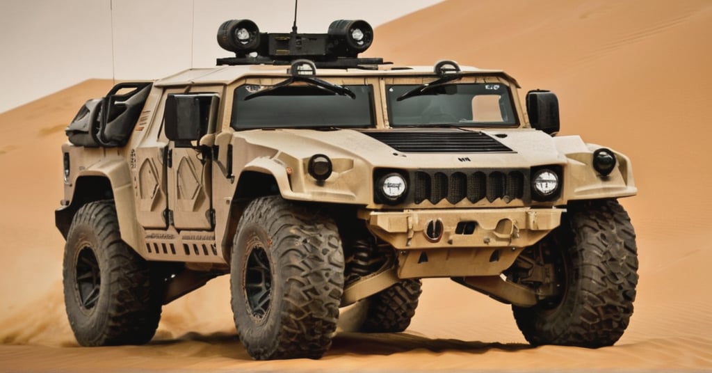 A futuristic of war vehicle, high-resolution masterpiece captures a sleek, camouflage-patterned texture,  military vehicle, LM002-inspired, with a sharp focus on the rugged terrain. The dune's gradient meets the vehicle's gray body, worn at the edges like battle scars. Laser headlights pierce the darkness, while double-row seats evoke a sense of stealth and power. From a diagonal angle, the camera captures the vehicle's imposing presence, as if ready to enter the Death Race arena.