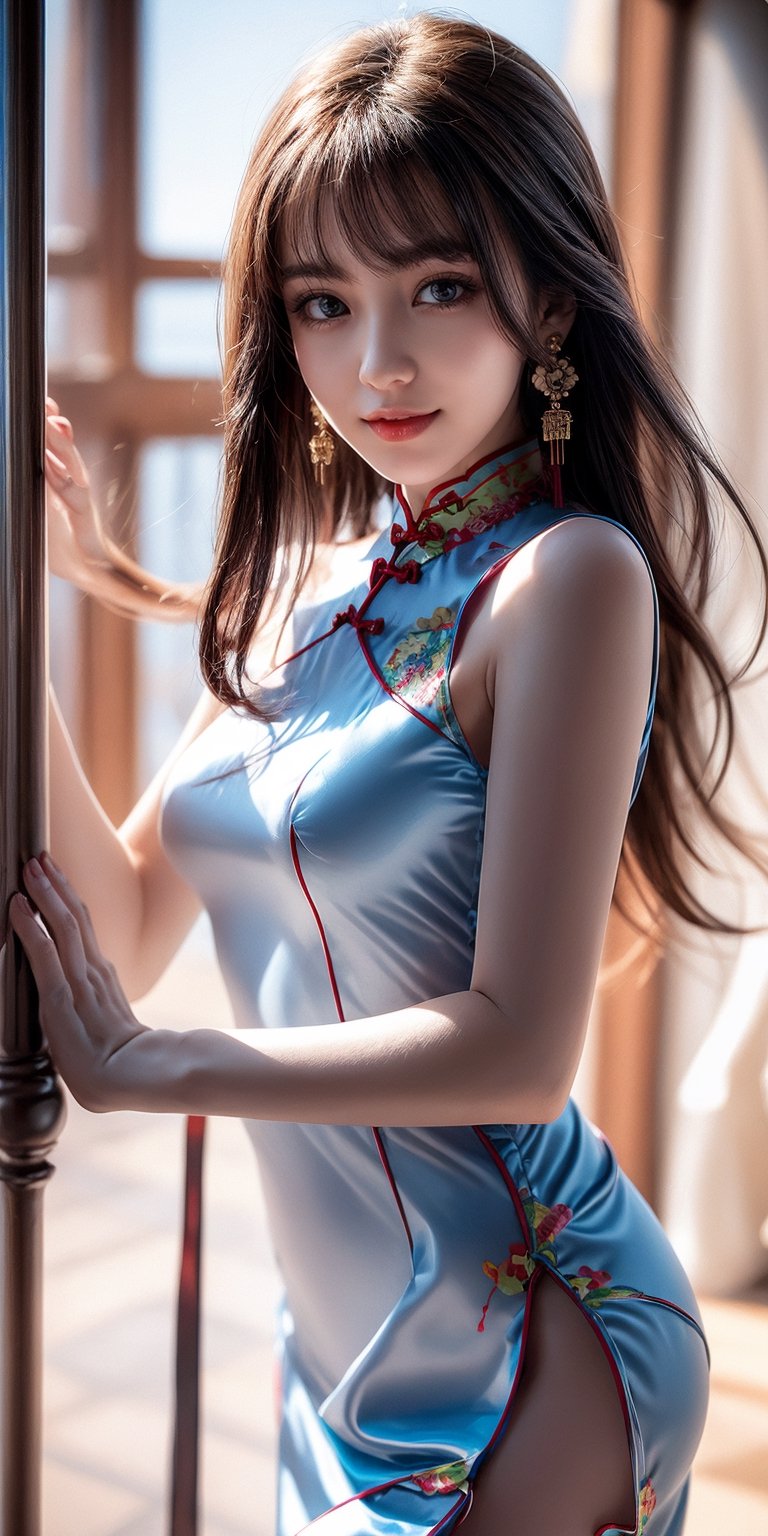 1 girl, very bright backlighting, solo, {beautiful and detailed eyes}, large breasts, calm expression, natural and soft light, hair blown by the breeze, delicate facial features, Blunt bangs, beautiful russian girl, eye smile, very small earrings,(wearing a  red cheongsam dress:1.3) ,23yo, film grain, realhands,shy smile,sexy posing,Look over here