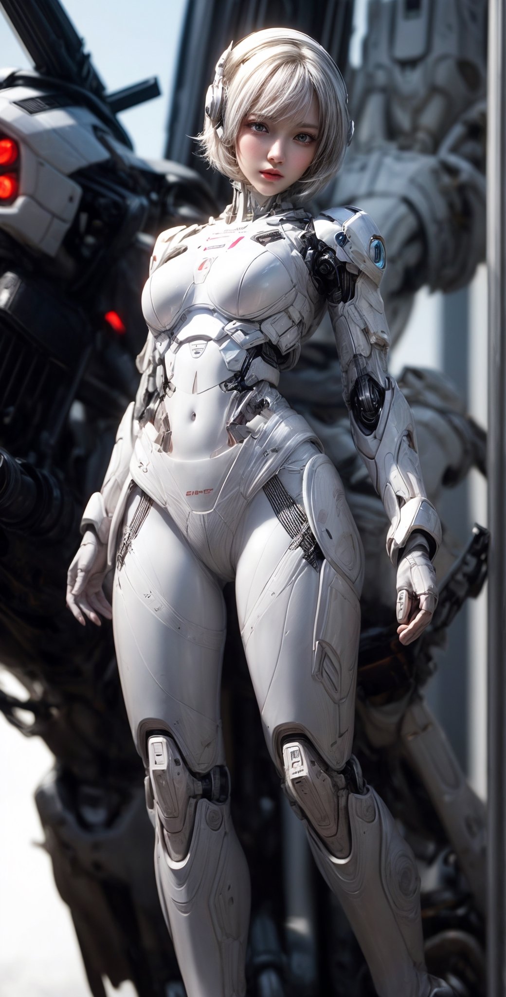 masterpiece, official art, digital illustration, best studio quality, 32k UHD, C4D style, octane render, sharp focus, complex details, perfect details, highest resolution, RAW, photorealistic, 3G game artstyle,studio lighting,1girl,solo,White mecha, (full body length), 1 girl, solo,(super cuteness), (super beautiful face),white skin,beautiful eyes, (delicate face), perfect detail,White hair, short hair, Bob hairstyle, finger detailed, futuristic style of white mechanical girl,futuristic style of((white futuristic exosuit, white accents, mecha suit, white mechanical arms,white mechanical parts,high-tech headset)) ,(transparent background),dark studio