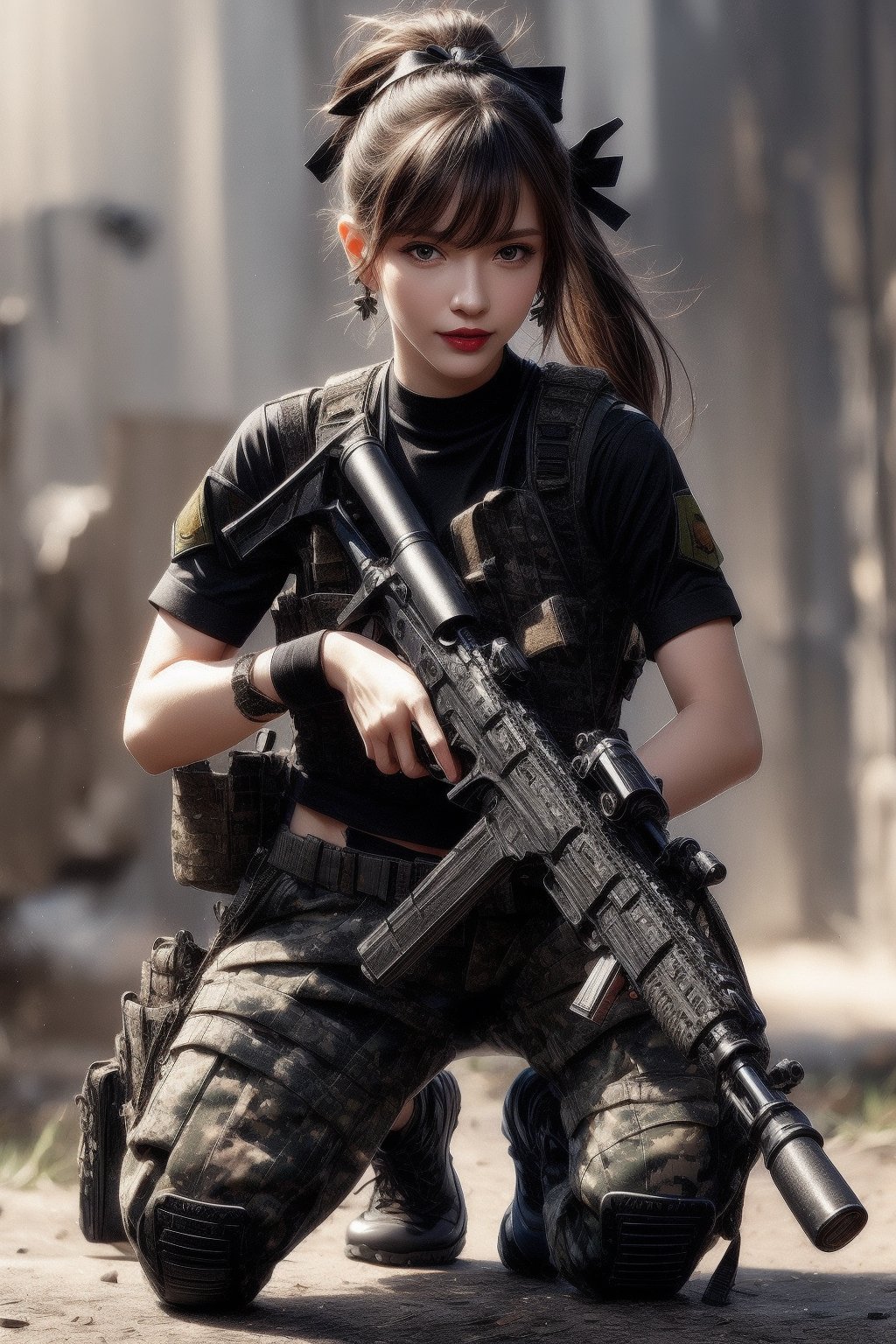 1girl, solo, long hair, looking at the viewer, smile, laugh,  bangs, brown hair, realistic, ponytail, gloves, holding, weapon,  realistic, short sleeves, boots, black gloves, pants, fingerless gloves, black footwear, holding weapon, blurry, gun, military, black shirt, blurry background, (wearing military camouflage crop top, pants), holding gun, rifle, assault rifle, knee pads, one knee, combat boots, M4A1, Military,  elegance, masterpiece, earrings, realistic,  masterpiece, best quality, photorealistic, raw photo,  earrings, black eyes, lips, bow headband, lips, ribbon, realistic, parted lips, lips, ribbon, realistic, blurry background,Military, Taskforce, Assault rifle ,dual wielding twin buster rifle