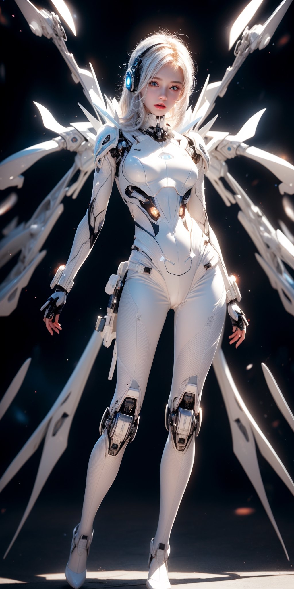 masterpiece, official art, digital illustration, best studio quality, 32k UHD, C4D style, octane render, sharp focus, complex details, perfect details, highest resolution, RAW, photorealistic, 3G game artstyle,studio lighting,1girl,solo,White mecha, (full body length), 1 girl, solo,(super cuteness), (super beautiful face),white skin,beautiful eyes, (delicate face), perfect detail,White hair, short hair, Bob hairstyle, finger detailed, futuristic style of white mechanical girl,futuristic style of((white futuristic exosuit, white accents, mecha suit, white mechanical arms,white mechanical parts,high-tech headset)) ,(transparent background),dark studio