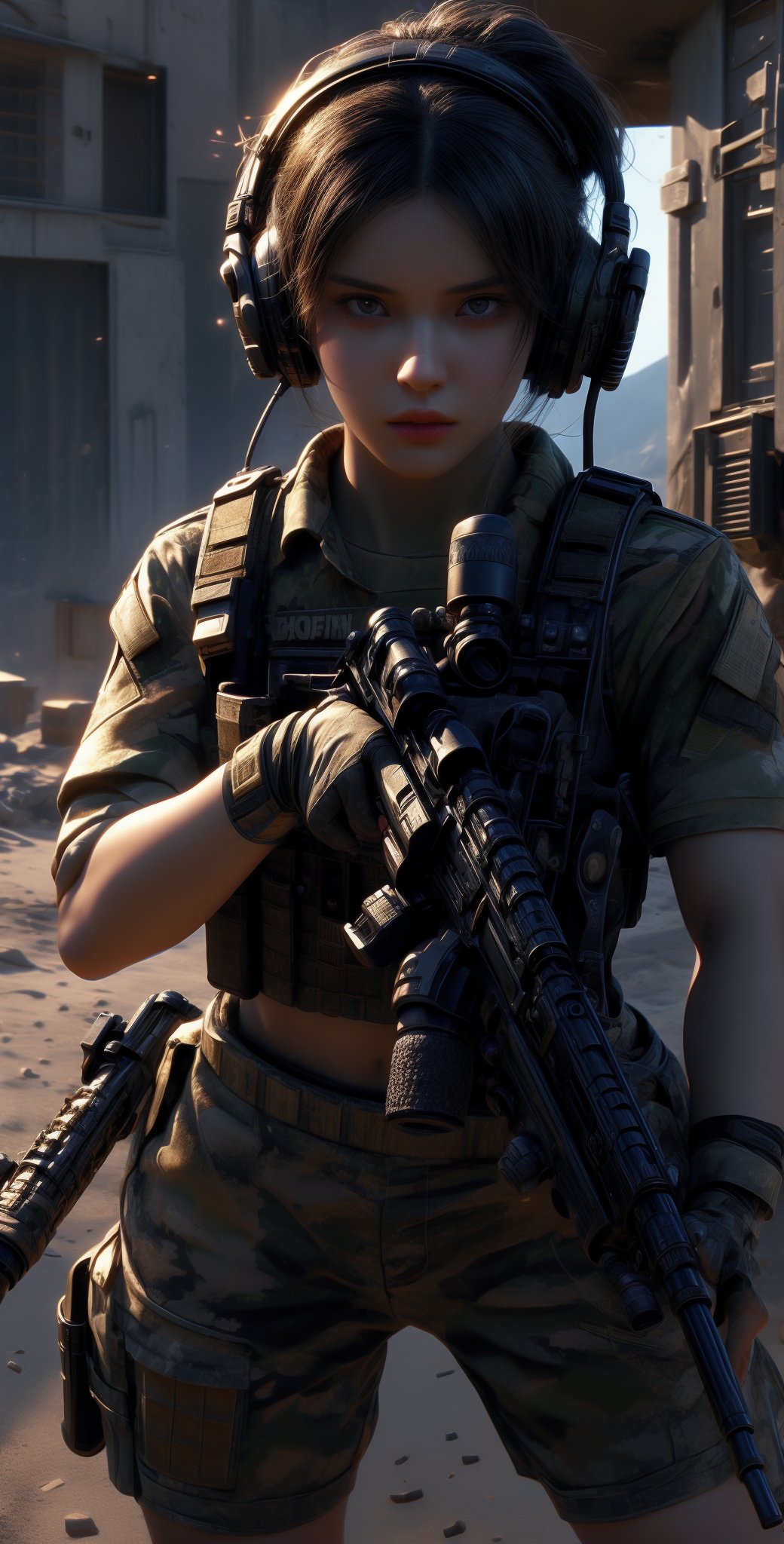 1 beautiful female soldier, wearing communication headphones, young female soldier, girl sniper with small automatic rifle, futuristic combat gear, wearing military camouflage crop top, big breasts, navel, military shorts, thighs, cool action pose, wearing tactical gear with ammunition, cowboy gets shot, inside abandoned city in desert after battle,Taskforce,cameltoe, Glamor body type,  blushed face:0.7),((nervous and embarrassed)), sharp-focus,  beauty mix,  FilmGirl, film grain, detailed fingers, beautiful and aesthetic, masterpiece, high contrast,  bokeh:1.2,  lens flare,  (vibrant color:1.4), (muted colors,  cinematic lighting,  ambient lighting,  side lighting,  Exquisite details and textures, cinematic shot, perfect tone,  (Bright and intense:1.2),  wide shot, (full-body view:1.5), (smile expression:1),ultra-realistic illustration, Siena natural ratio,  Best Quality,  photorealistic,  ultra-detailed,  finely detailed,  high resolution,  perfect dynamic composition,official art, digital illustration, best studio quality, 64k UHD, octane render, sharp focus, smooth rhythm,1girl