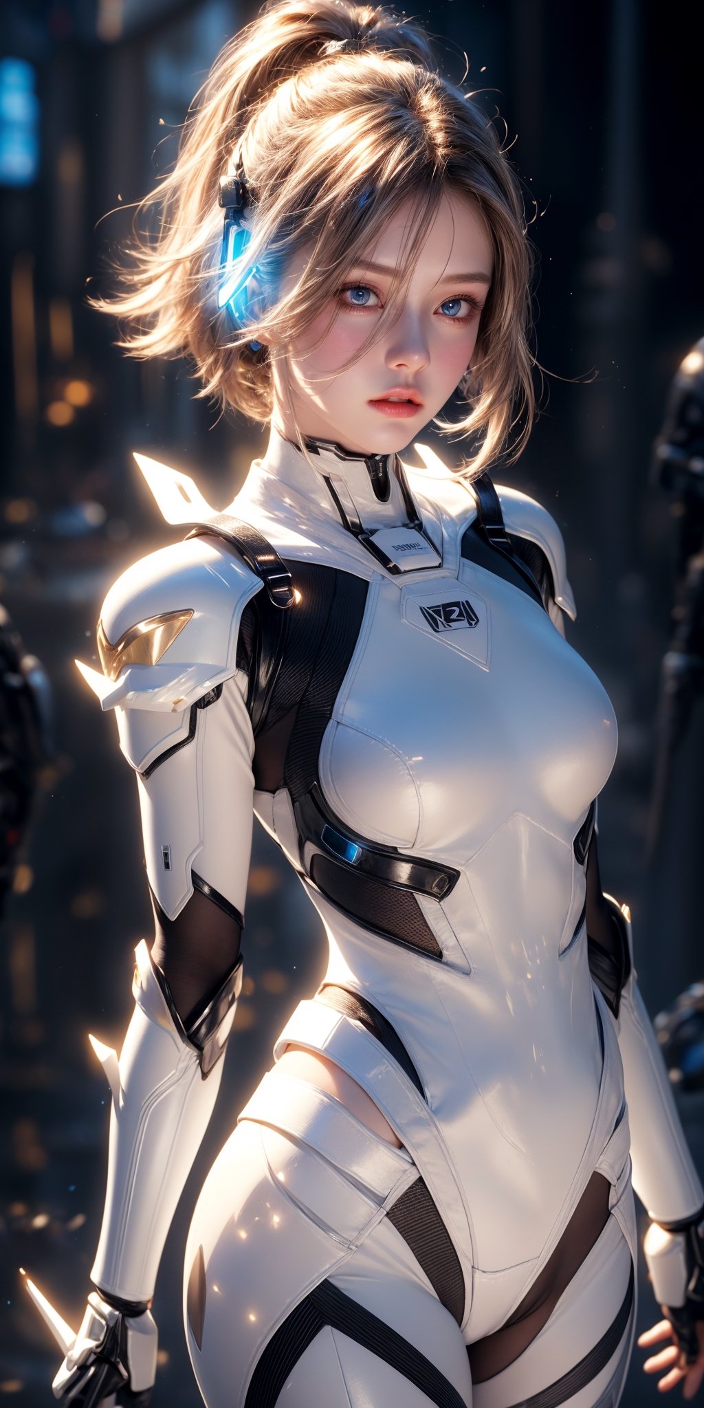 masterpiece, official art, digital illustration, best studio quality, 32k UHD, C4D style, octane render, sharp focus, complex details, perfect details, highest resolution, RAW, photorealistic, CG game art,cinematic lighting,1girl,solo,White mecha, (full body length), 1 girl, solo,(super cuteness), (super beautiful face),white skin,beautiful eyes, (delicate face), perfect detail,White hair, short hair, Bob hairstyle, white mechanical girl, white exosuit, white accents, mecha suit, white mechanical arms,white mechanical parts,(white high-tech headset,glowing led gold lighting) ,(transparent background)