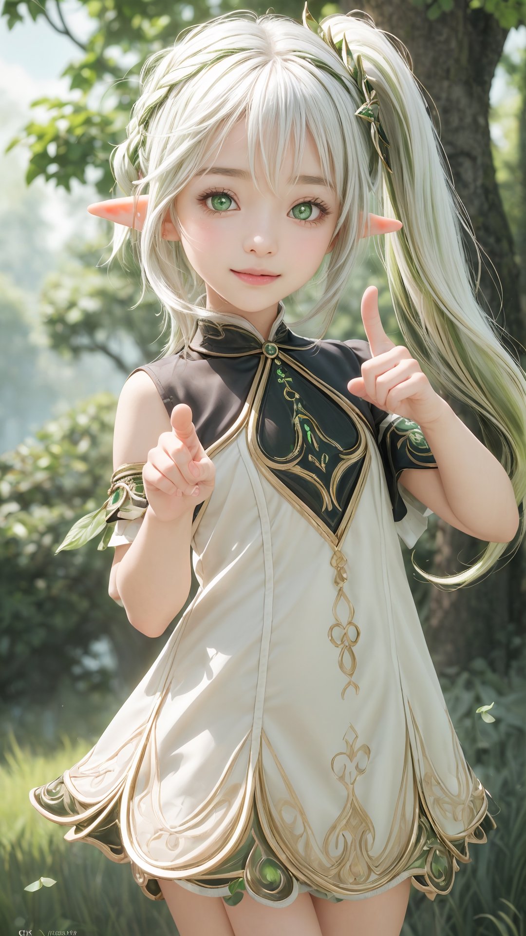 1 girl, solo, nahida, chibi, round face, flat chested, pointy ear(short elf ears, pointing down ear), light smile(lips apart), side ponytail, multi coloured hair, glow green eyes, grass, tree, branches, open fields, look at viewer, best quality, (extremely detailed CG unity 8k wallpaper, masterpiece, best quality, ultra-detailed, best shadow), (detailed background), (beautiful detailed face, beautiful detailed eyes), High contrast, (best illumination, an extremely delicate and beautiful), beautiful detailed glow, realistic, dynamic angle, nahidadef,perfect finger, nahidadef, nahida (genshin impact), ,perfect light