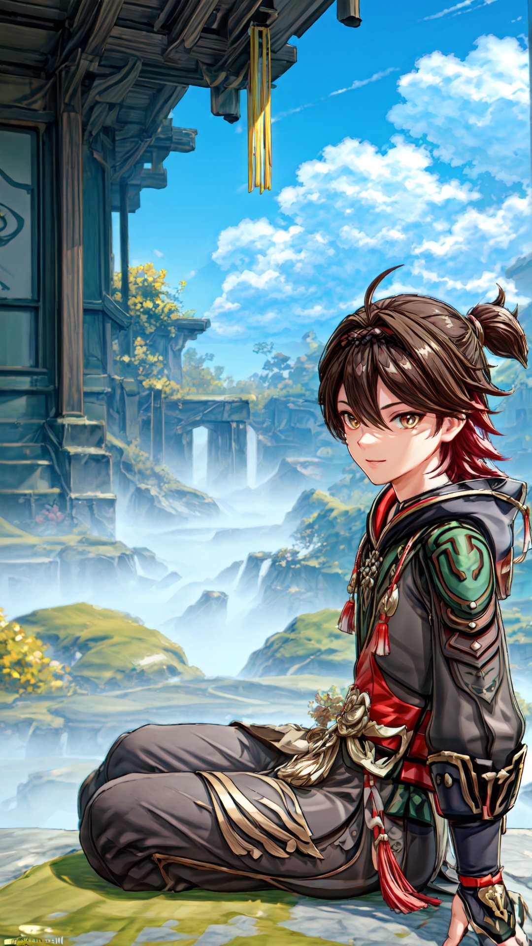 1boy, solo, Gaming (genshin impact), brown hair, golden eyes, multicolor hair, overgrown hair, sitting, outdoor, lantern rite, chinese lion dance, smile, look at viewer, best quality, potrait, (extremely detailed CG unity 8k wallpaper, masterpiece, best quality), (detailed background), High contrast, (best illumination, an extremely delicate and beautiful), dynamic angle, realistic, perfect light, Gaming (genshin impact)