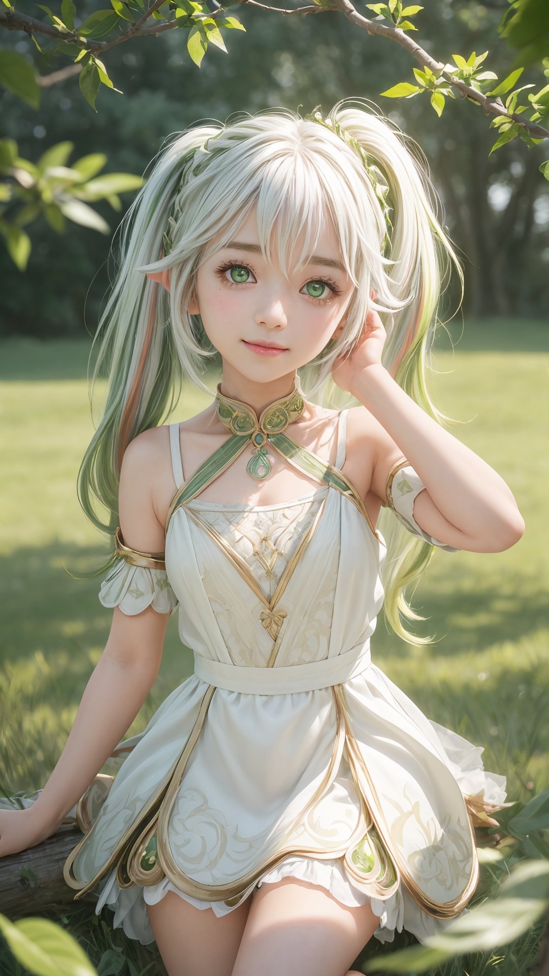 1 girl, solo, nahida, chibi, flat chested, light smile(lips apart), side ponytail, multi coloured hair, glow green eyes, grass, tree, branches, open fields, look at viewer, best quality, (extremely detailed CG unity 8k wallpaper, masterpiece, best quality, ultra-detailed, best shadow), (detailed background), (beautiful detailed face, beautiful detailed eyes), High contrast, (best illumination, an extremely delicate and beautiful), beautiful detailed glow, realistic, dynamic angle, nahidadef,perfect finger, nahidadef, nahida (genshin impact), ,perfect light